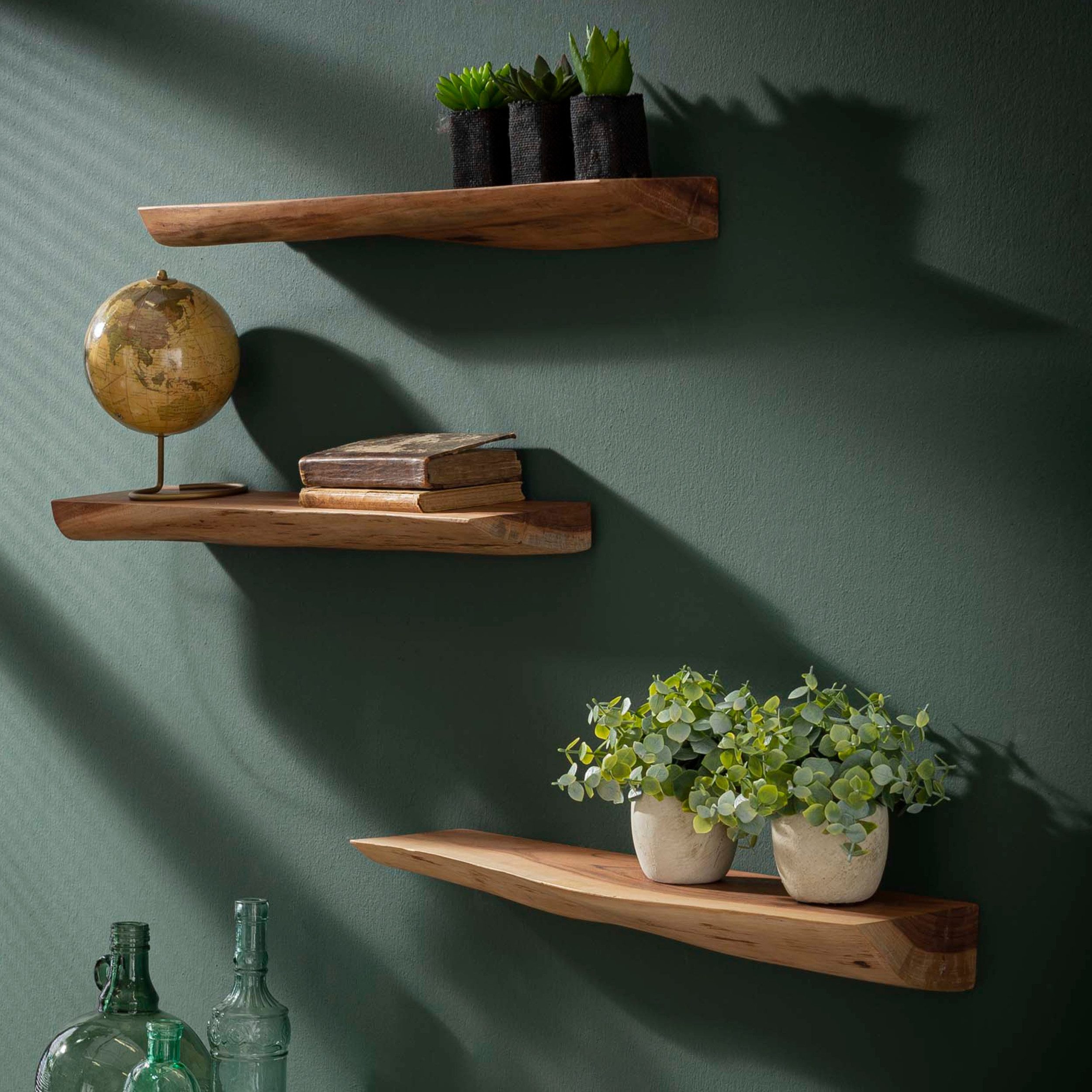 alesvelt Wandregal Set EDGE NATURE 3 schwebende Massivholz-Regale mit echter Baumkante, 60x13x4cm, Akazienholz