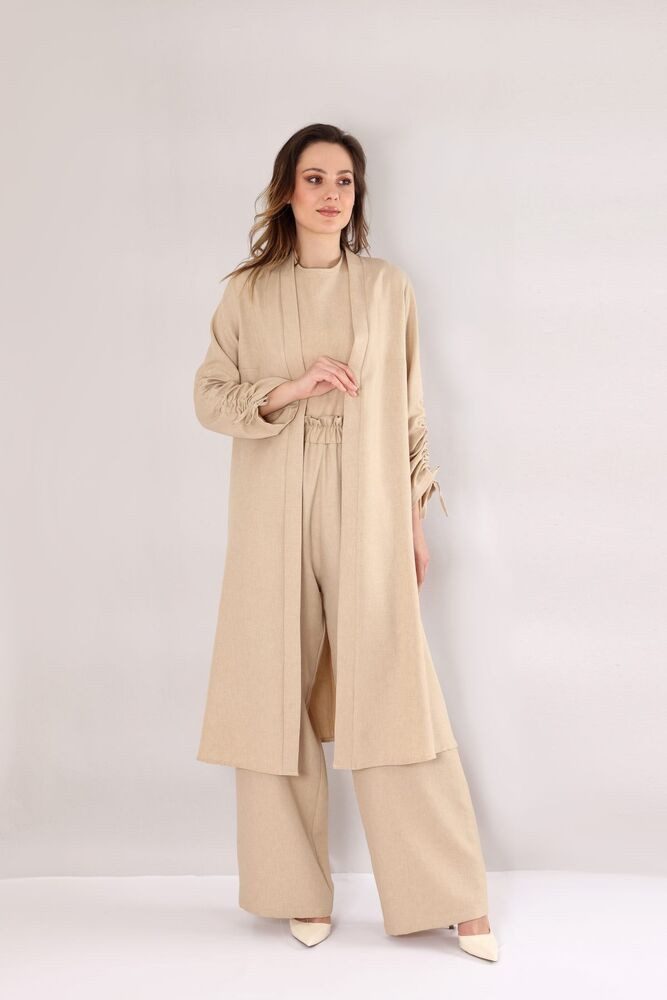 fashionshowcase Blusenkimono Damen Oversize-Kimono in Leinenoptik - Ärmel mit Tunnel-Detail Offener Vorderteil, Fließender Stoff