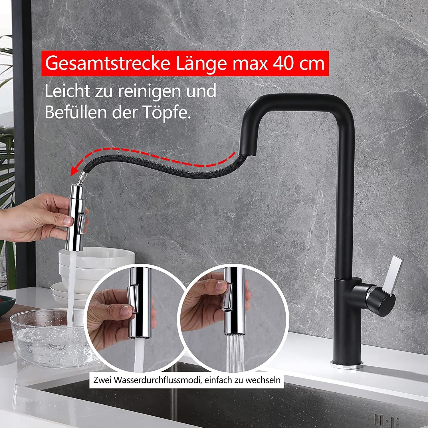 Ausziehbarer Küchenwasserhahn Mit 2 Funktionen – Sprühkopf Mit Ausziehbarem Schlauch, G1/2 Zoll Für Spülbecken