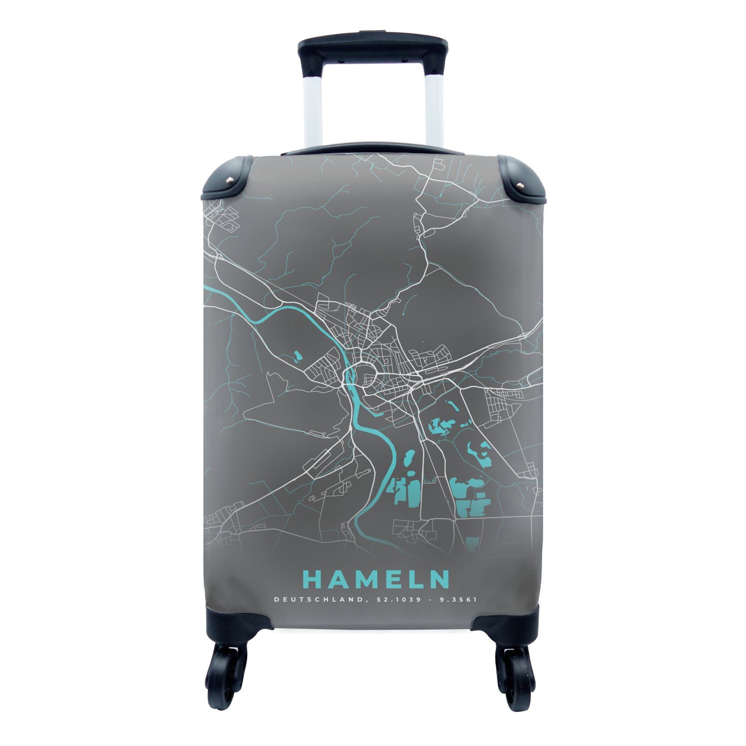 MuchoWow Handgepäckkoffer Blau - - Handgepäck Stadtplan Rollen, - Reisekoffer rollen, Reisetasche - 4 für Trolley, Karte mit Ferien, Deutschland Hameln