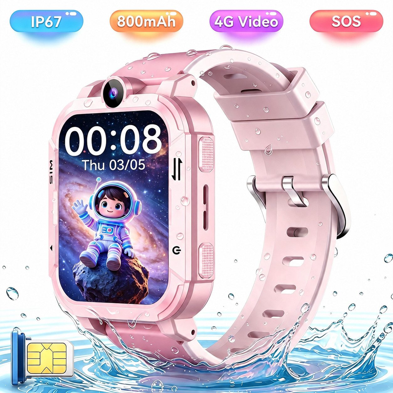 blackview Kinderuhr mit GPS Telefon und Videoanruf, SOS-Taste, 800mAh, Geschenk Smartwatch (Rosa Zoll), Bis zu 30 Kontakte, Fernabschaltung, Face-Unlock, 4G Nano SIM