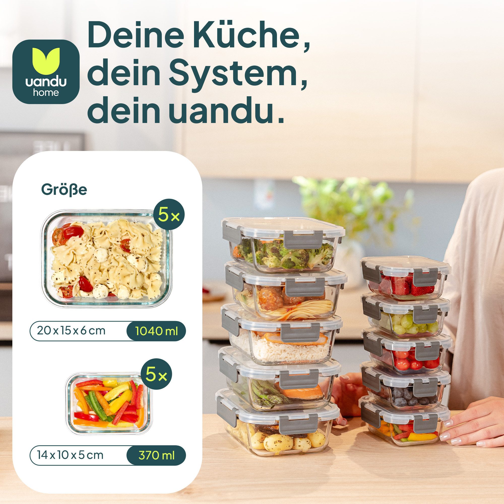 uandu home Frischhaltedose Glasbehälter mit Deckel, Frischhaltedosen Glas mit Deckel, (glasdosen mit deckel set, glas tupper mit deckel, glass food container, frischhaltedosen mit deckel glas, glasdose mit deckel, Borosilikatglas mit Deckel, Meal prep Gläser), Glasdosen mit Deckel Set, Meal prep Boxen Glas