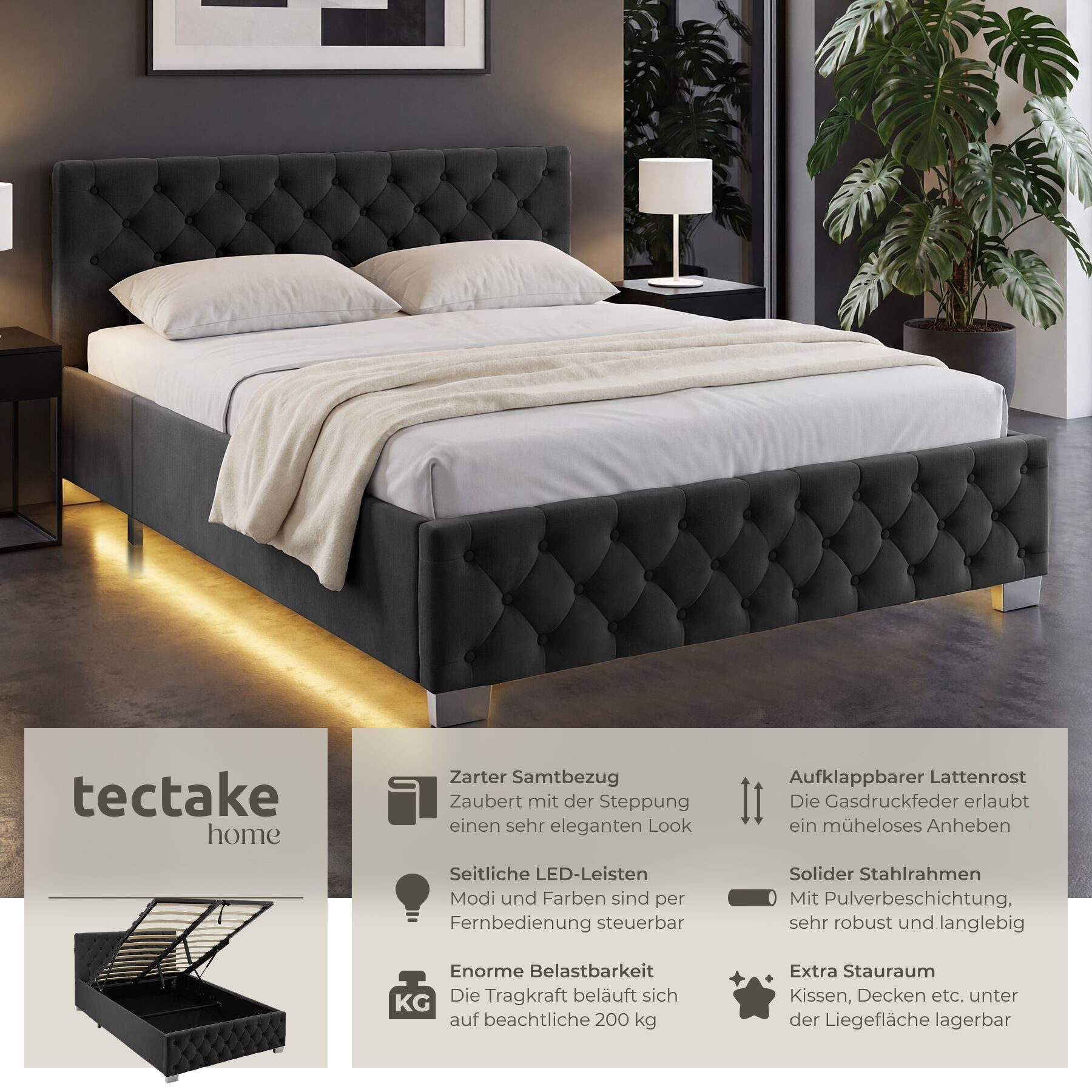 tectake Polsterbett Komfortbett mit LED-Leisten & Stauraum - Samtoptik mit Steppmuster (Bettset, in Samtoptik Schwarz), stabiler Stahlrahmen, Belastbarkeit 200 kg
