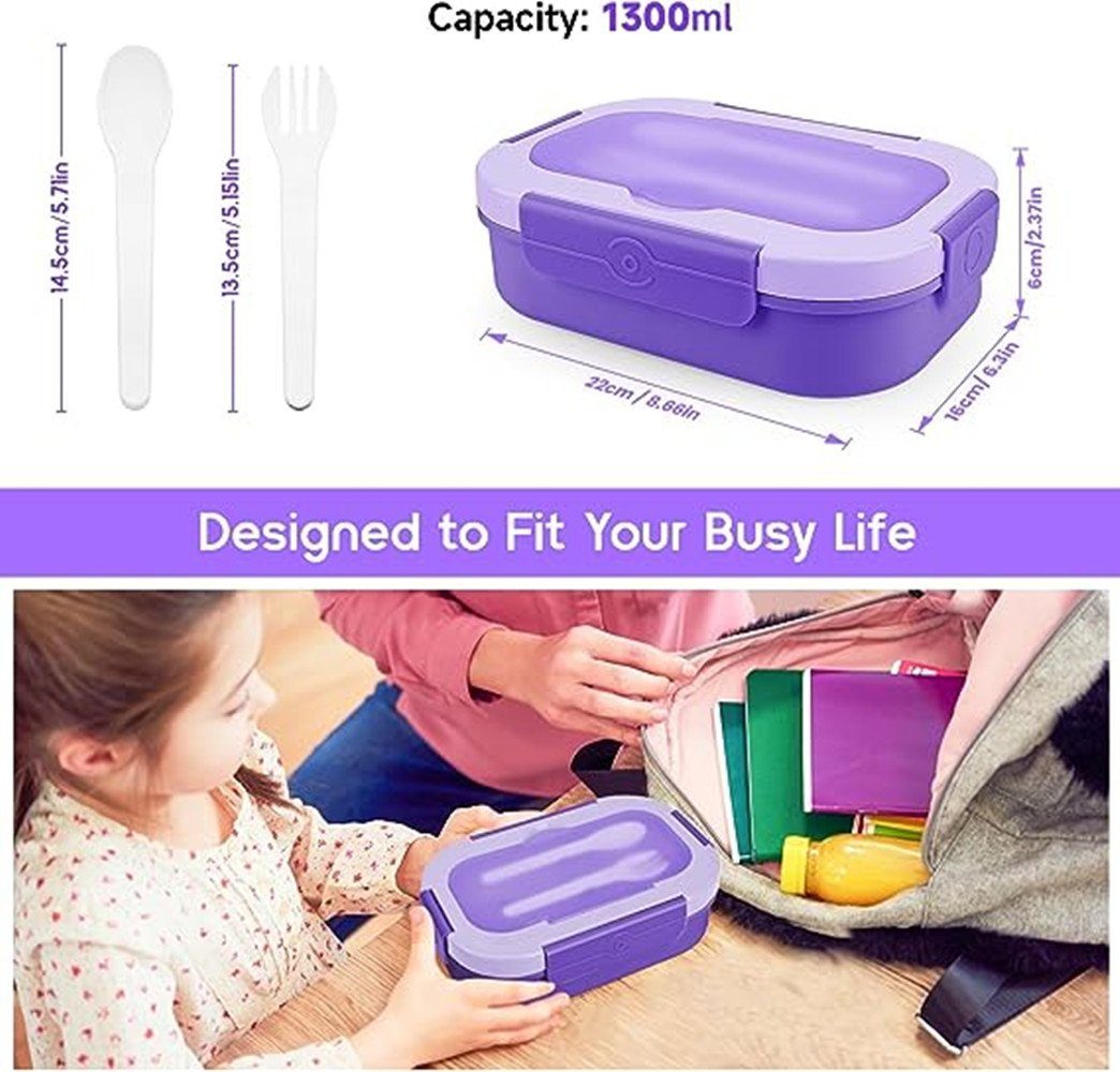 XDeer Lunchbox Brotdose Mikrowelle Lunchbox Brotbox Besteck Bento, 1300ML Kinder Schule, Fächern Auslaufsicher Erwachsene mit Brotzeitbox mit purple Jausenbox
