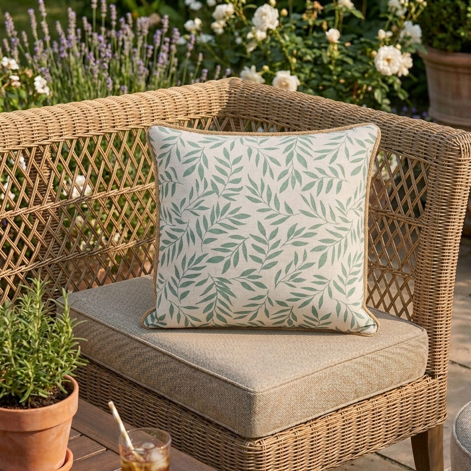 Macosa Home Dekokissen Kissen 45 x 45 cm Beige Grün Blätter Bauwolle Jute, mit Paspel, Reißverschluss inkl. Füllung