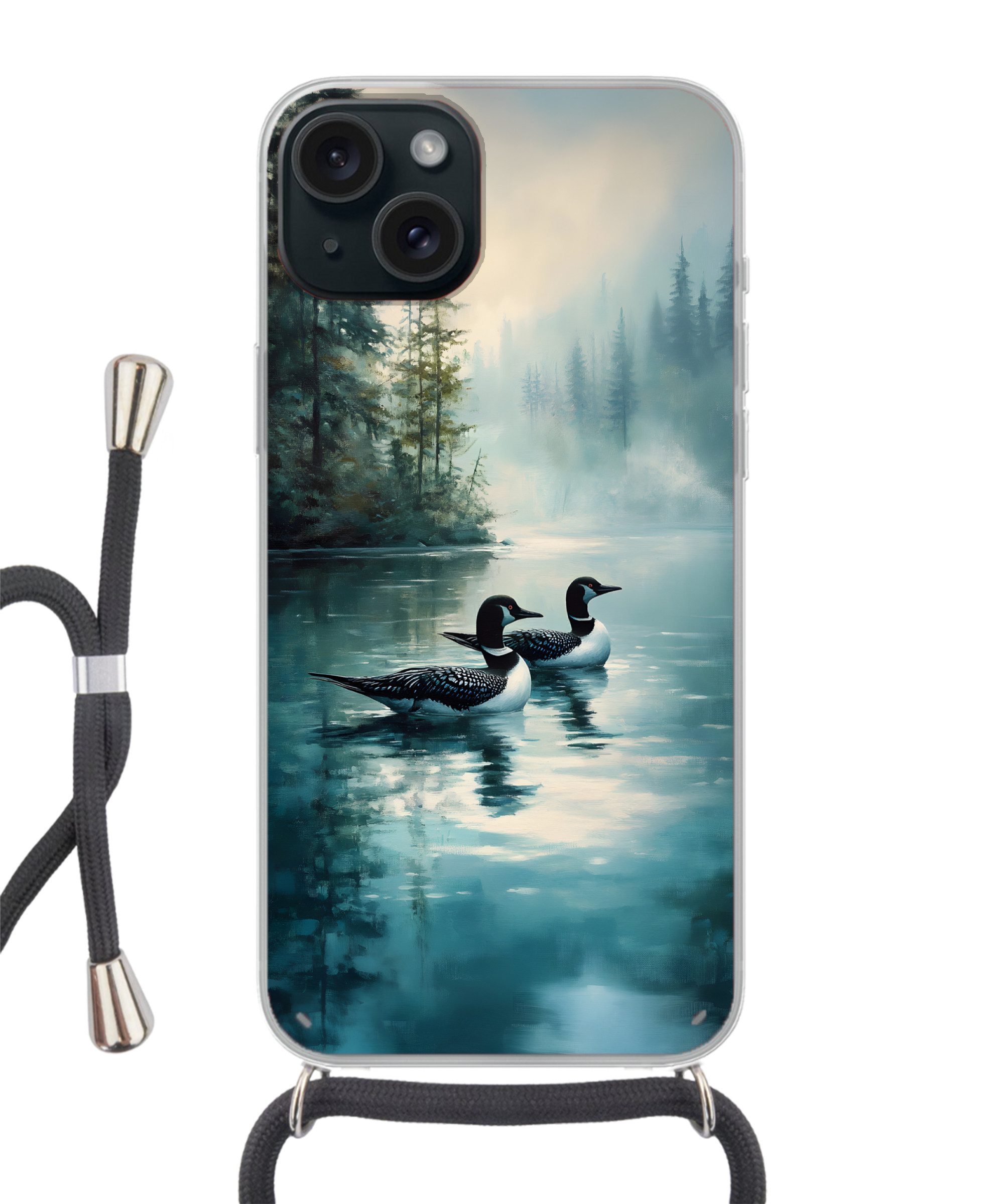 MuchoWow Handyhülle für Apple iPhone 15 Plus Wald - Wasser - Enten - Neblig, Tragbare Handyhüllen mit Kette zum umhängen, Handykette Handyband