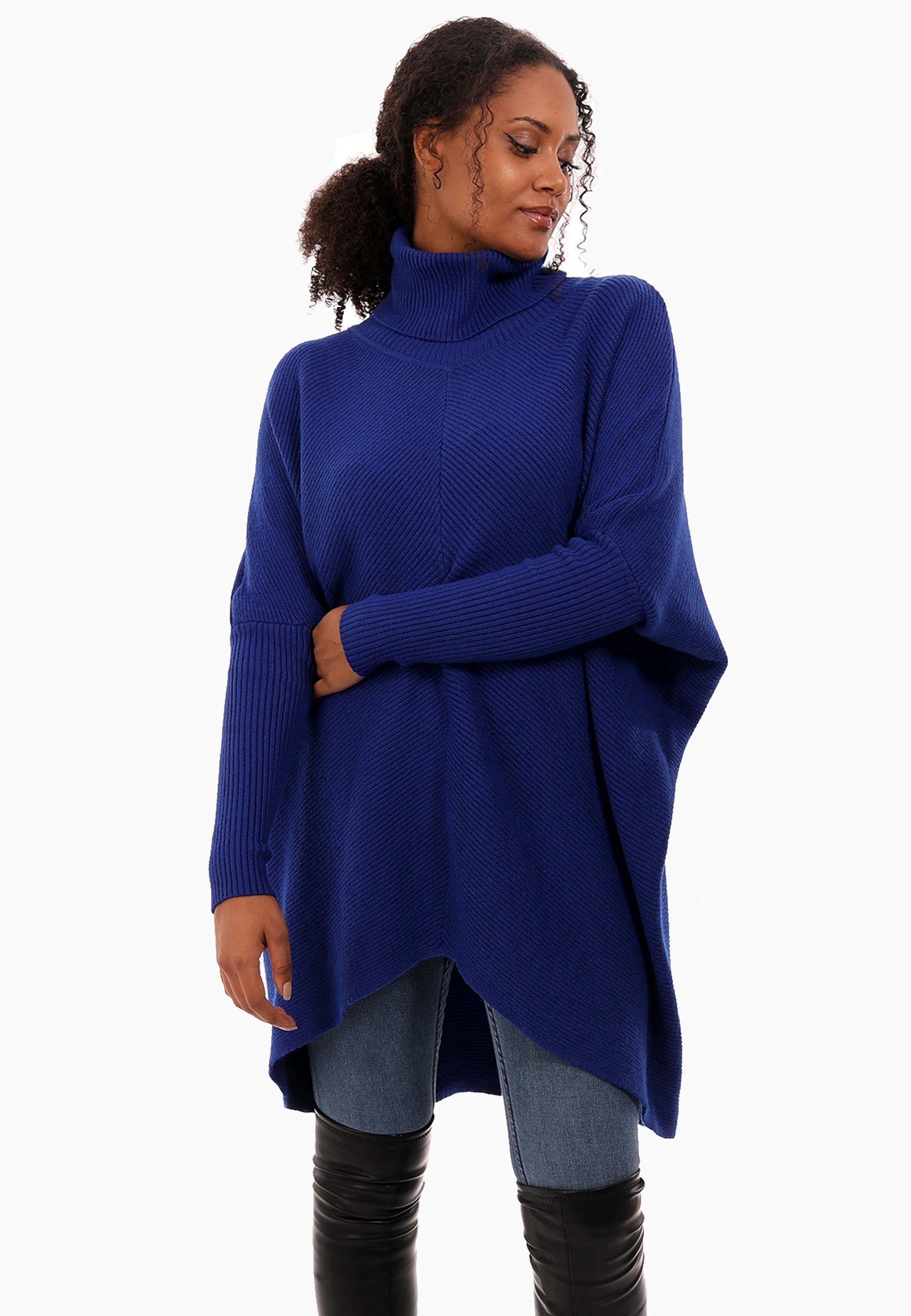 YC Fashion & Style Longpullover in Unifarbe, Schultern Size Plus Strickpullover mit asymmetrisch (1-tlg) mit royalblau überschnittenen Rollkragen