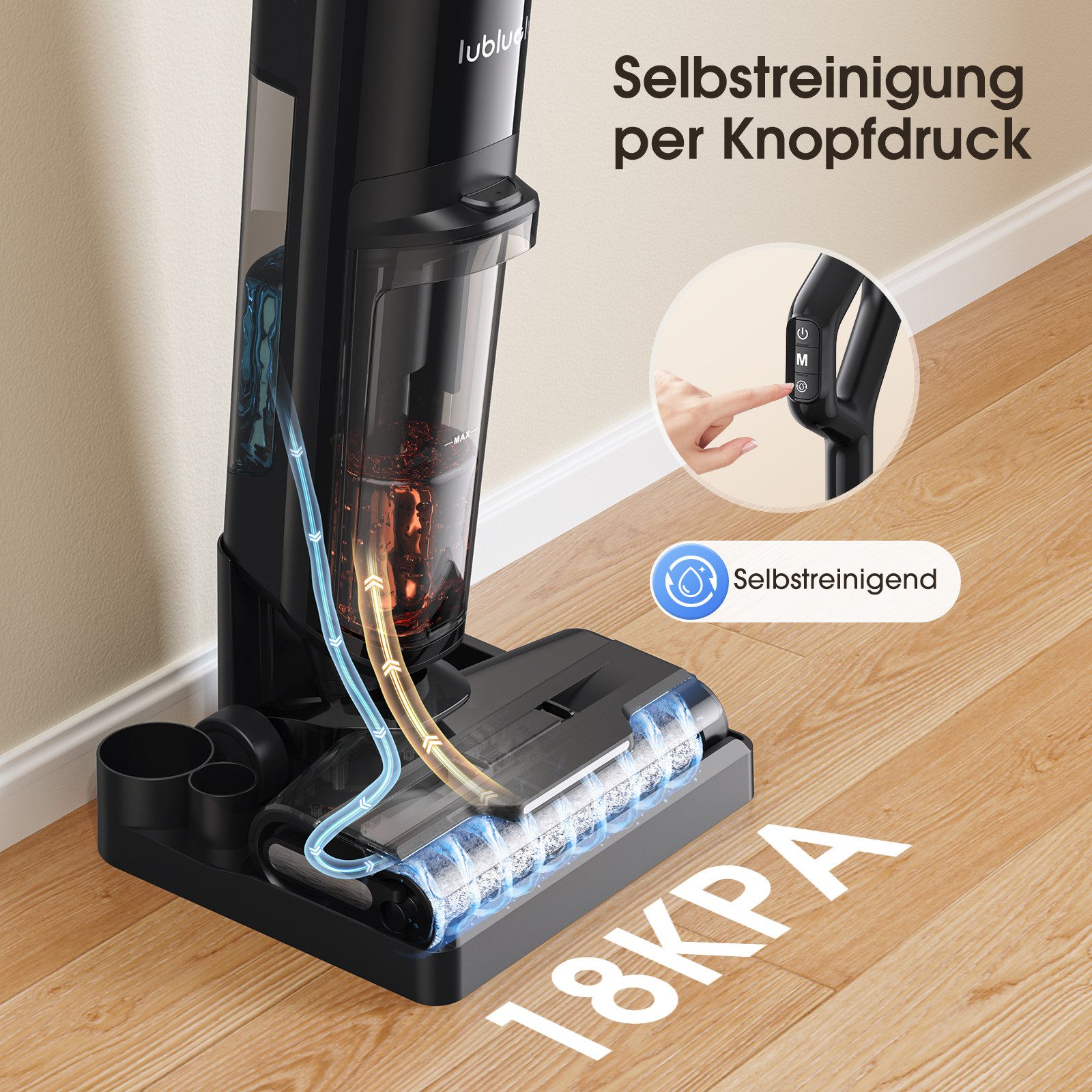lubluelu Nass-Trocken-Akkusauger BVC-T8A Akku Nass Trockensauger 18.000 Pa Saugleistung Selbstreinigung, 190 W, beutellos, Kantenreinigung <0,6cm / Selbstreinigung per Knopfdruck