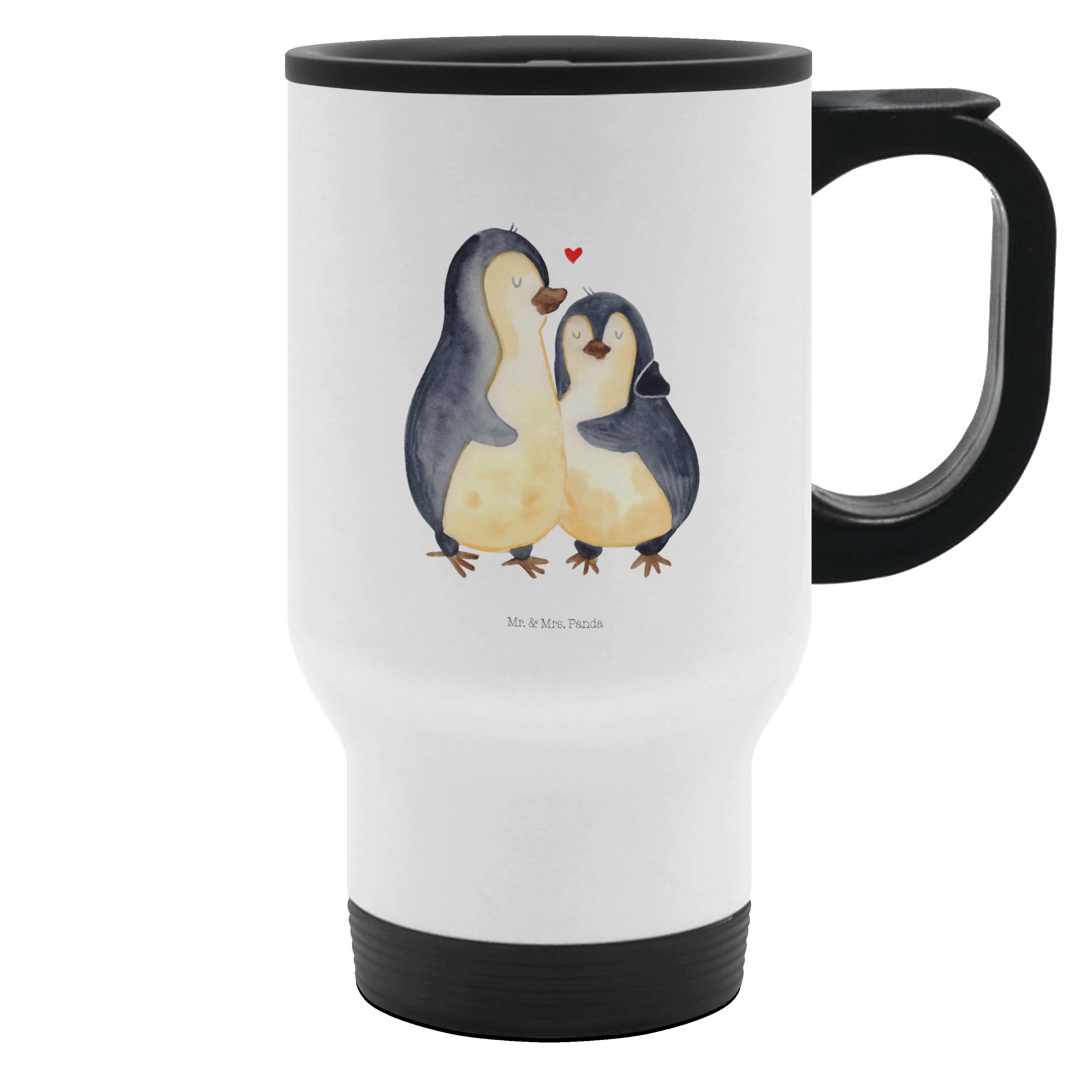 Mr. & Mrs. Panda Thermobecher Pinguin umarmen - Weiß - Geschenk, Thermotasse, Hochzeit, Tasse zum M, Edelstahl, Kompakter Griff