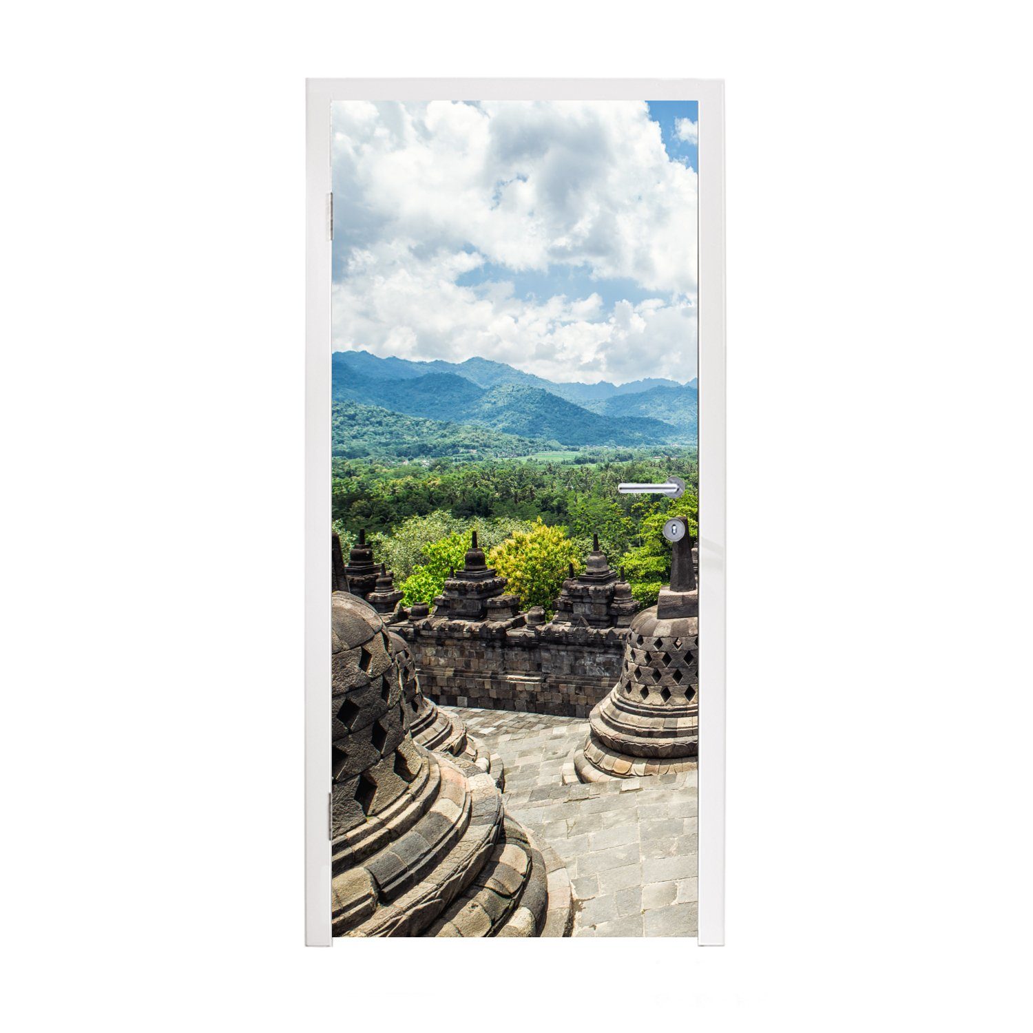 MuchoWow Türtapete Weiße Wolken über dem Borobudur-Tempel, Matt, bedruckt, (1 St), Fototapete für Tür, Türaufkleber, 75x205 cm