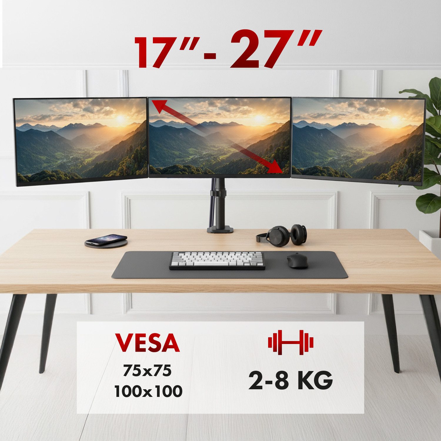 Maclean Monitor-Halterung MC-137 Halterung für 3 Monitore 17-27'' 8kg, (bis 27 Zoll, mit Gasfeder)