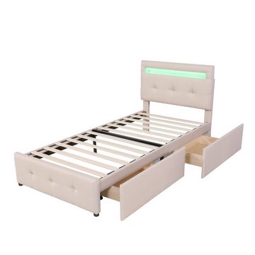 REDOM Bett Einzelbett Kinderbett Jugendbett, Polsterbett 90*200cm (mit LED-Leuchten, 2 Schubladen, hautfreundlicher Leinenpolsterung flach), Ohne Matratze