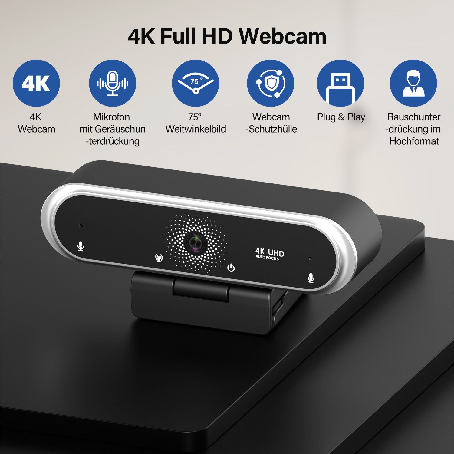 CkeyiN Pro Webcam 4K,PC Kamera mit Objektivabdeckung,75°FOV,Autofokus Webcam (Zwei Mikrofone mit Geräuschunterdrückung,360°-Drehung, 180° verstellbarer Ständer,für PC/Laptop/Windows/Mac)