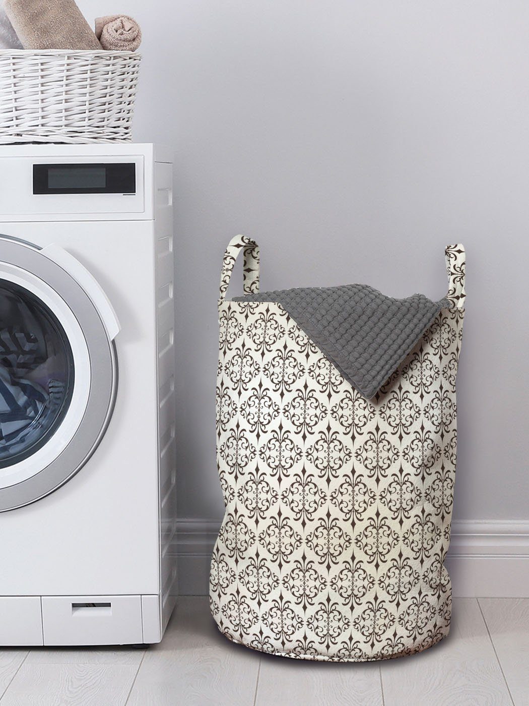 Abakuhaus Wäschesäckchen Wäschekorb mit Curls Traditionelle Waschsalons, Kordelzugverschluss Griffen weiss Pattern für Nicht-gerade