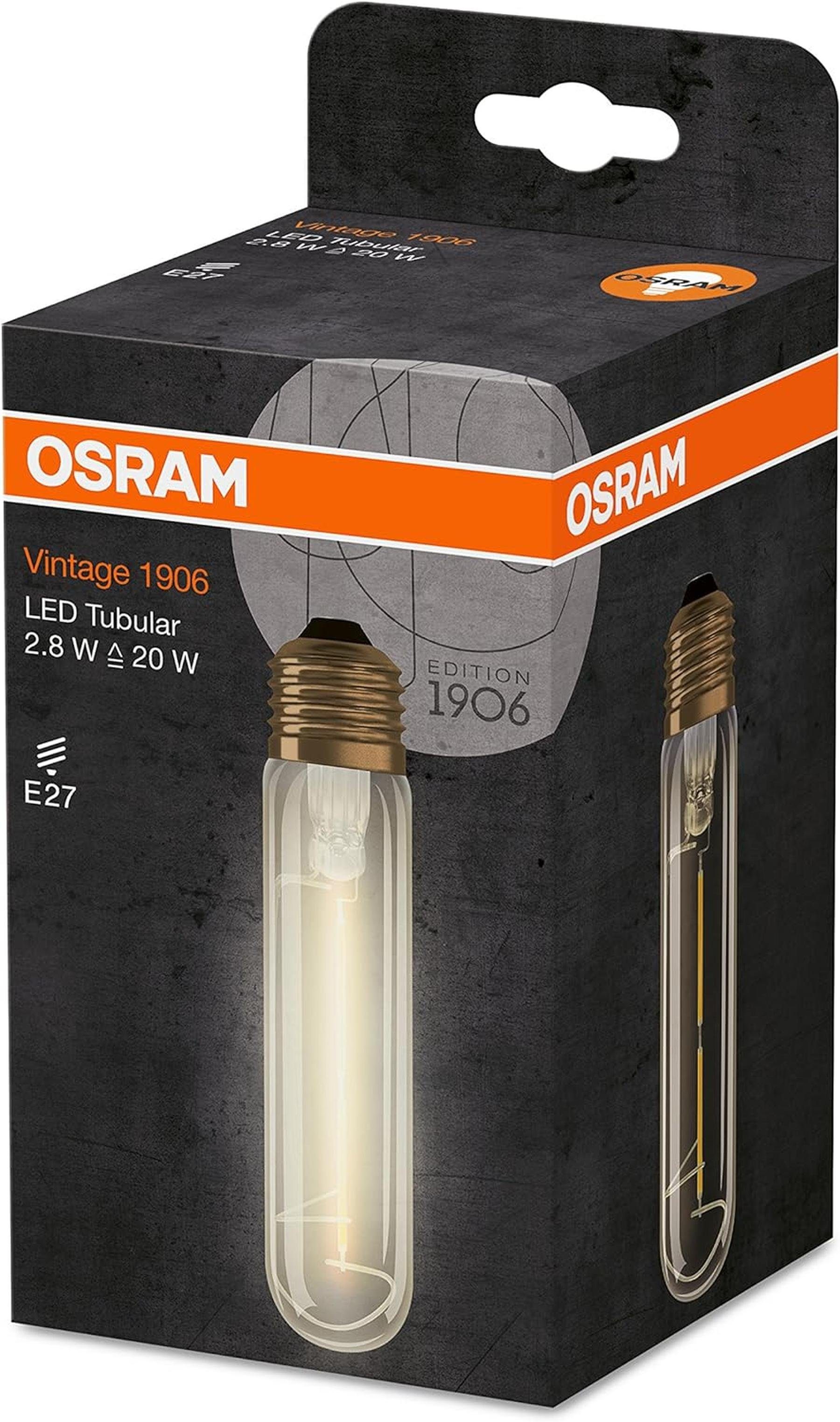 Glühbirne 20W Warmweiß, Osram LED-Leuchtmittel Lampe Röhrenform E27, Osram-LED-Vintage-Edition-E27,