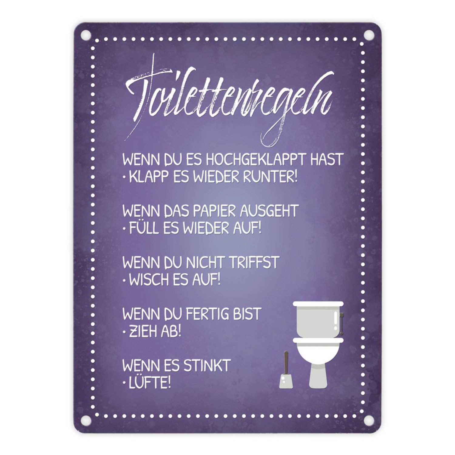 Metallschild Toilettenregeln Metallschild in lila mit Toilette Motiv Klo Hygiene