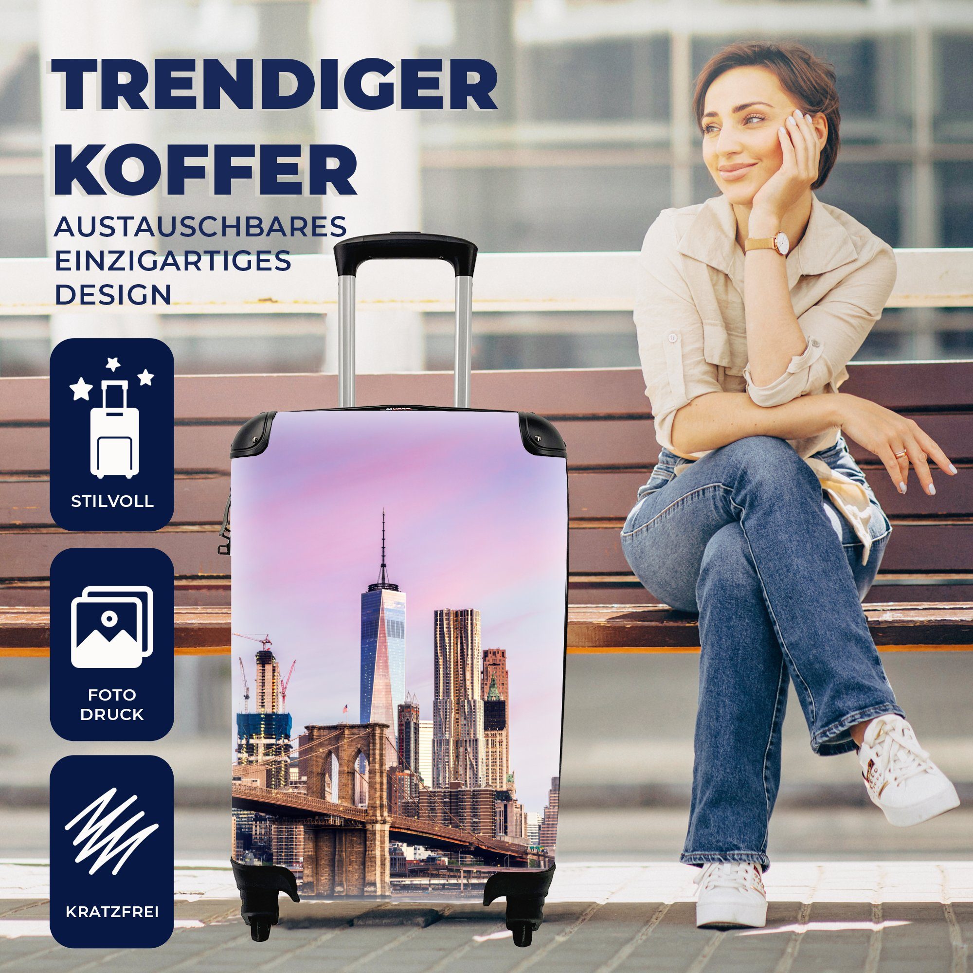 MuchoWow Handgepäckkoffer Brooklyn Bridge und 4 Reisekoffer für Yorker die Skyline, Reisetasche Handgepäck New mit Ferien, Trolley, Rollen, rollen