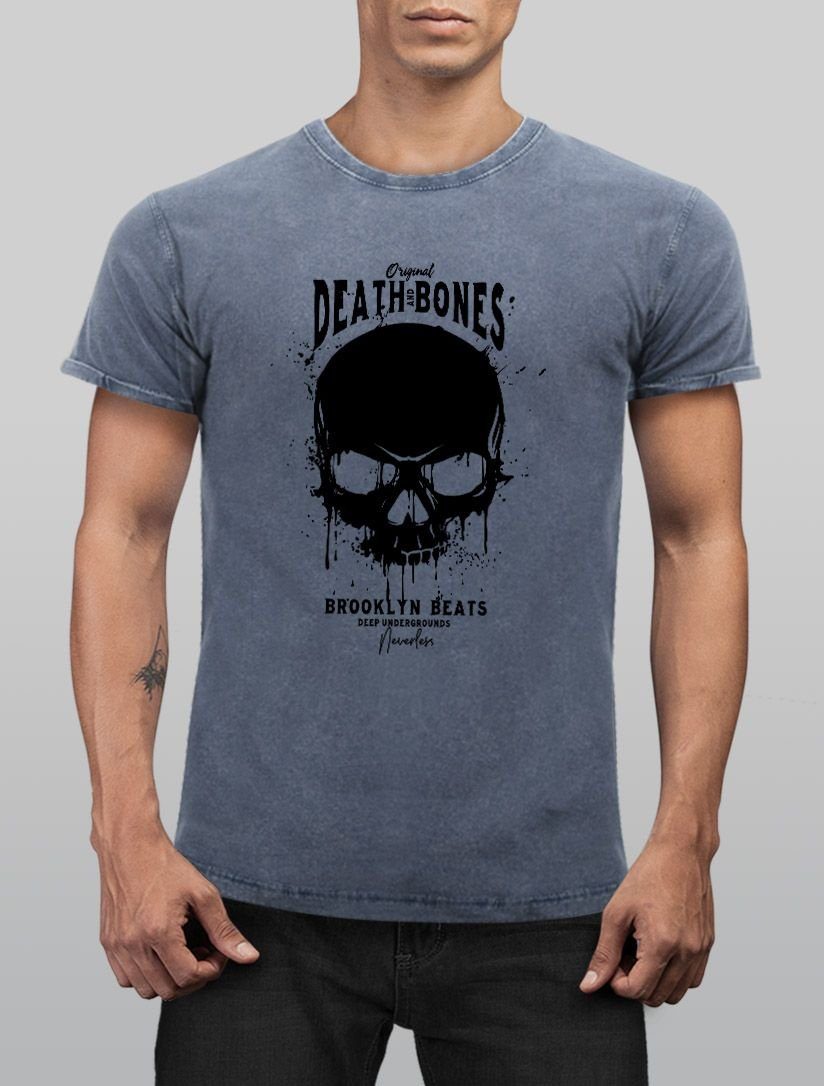 Look blau Slim Death Neverless Club mit Totenkopf Neverless® Printshirt Shirt and Print Skull T-Shirt Bones Outfit Used Herren Vintage Fit Print-Shirt