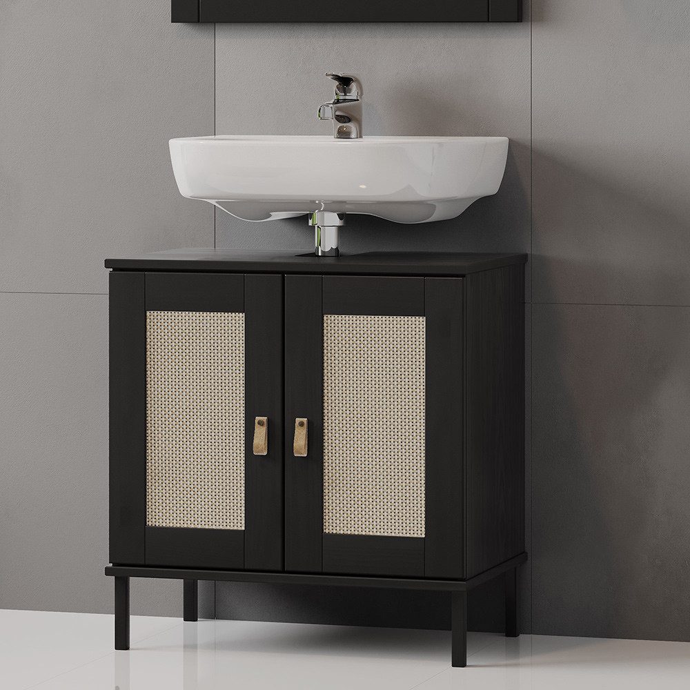 Lomadox Waschbeckenschrank WATFORD-69 Kiefer massiv schwarz, 60 cm breit, Rattaneinsatz, Boho-Chic, Badmöbel