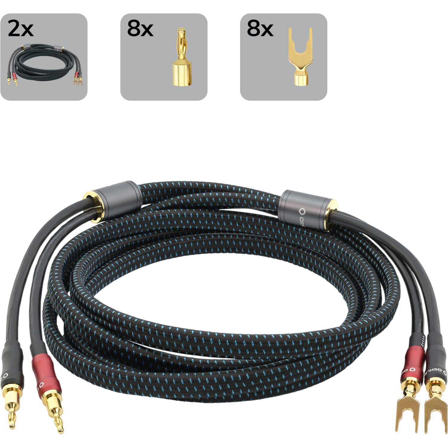 Oehlbach Transform Dual-Plug Exzellent Lautsprecherkabel Set Banana/Kabelschuh Audio-Kabel, 2 x Bananen Stecker, 2 x Kabelschuh, 2 x Bananen Stecker, 2 x Kabelschuh (500 cm), Hochwertiges Kupfer, Flexibel