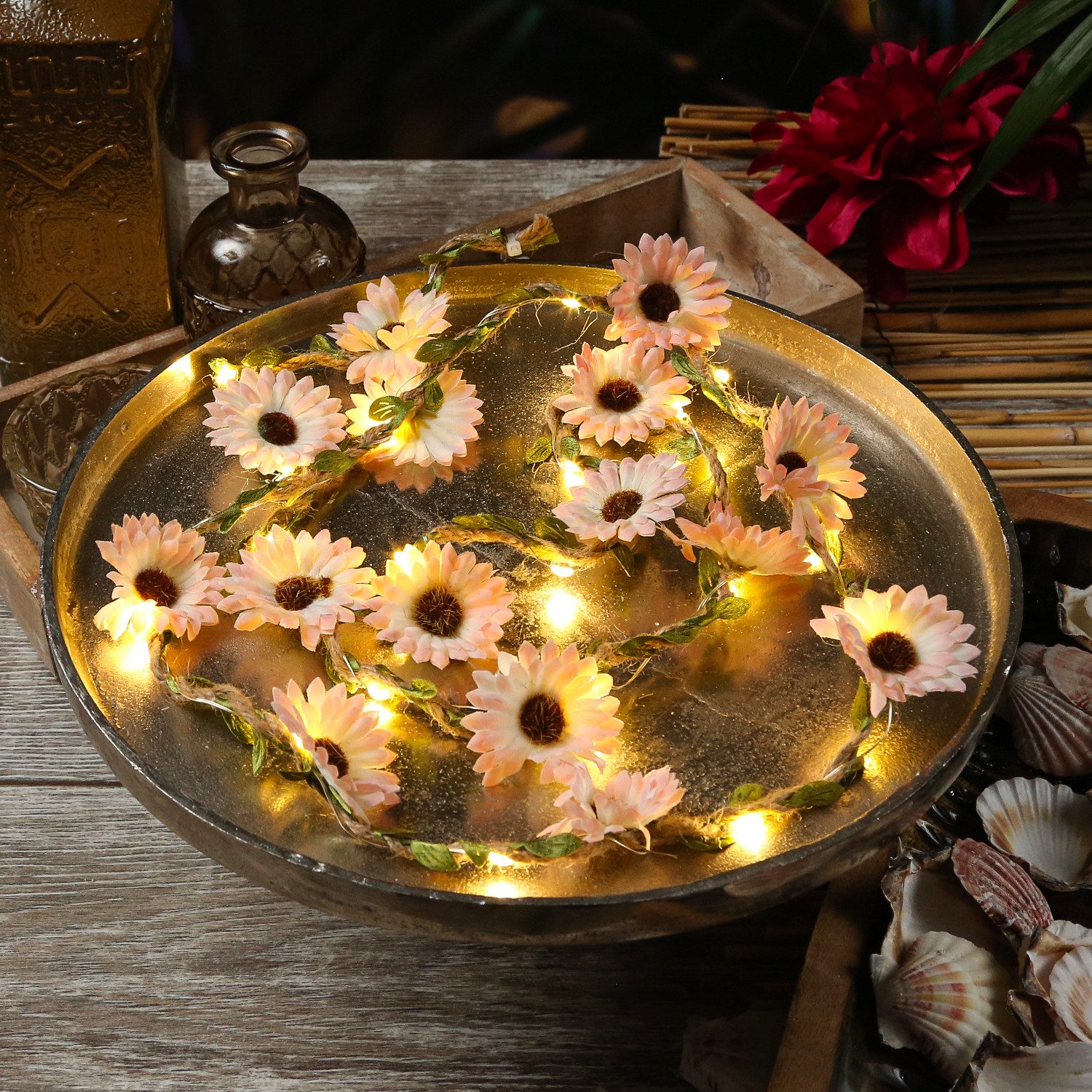 MARELIDA LED-Lichterkette rosa Blumen Blumengirlande Blumenlichter Timer L: 1,45m für Außen, 20-flammig