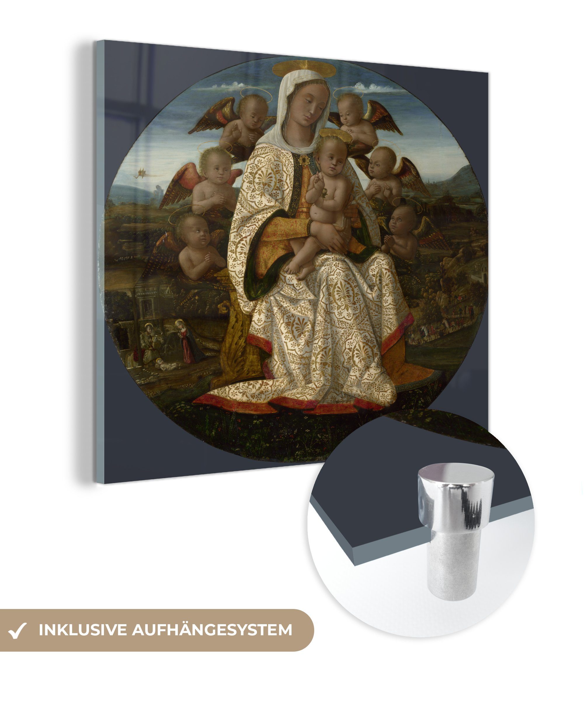Die Wandbild - Jungfrau auf St), mit Fungai, - auf Acrylglasbild den MuchoWow Kind Cherubim - Bilder Glas dem Wanddekoration und Glasbilder (1 Glas Bernardino Foto -