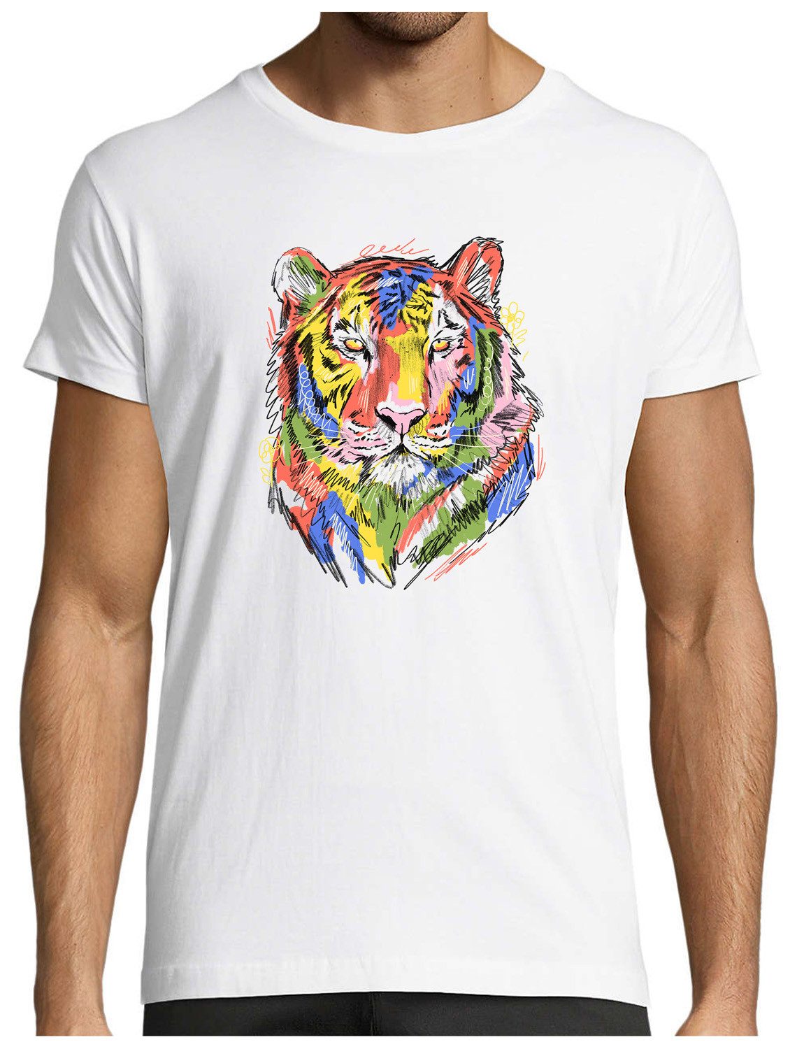 T-Shirt Herren Print Shirt - Farbenfroher Tigerkopf Brustprint