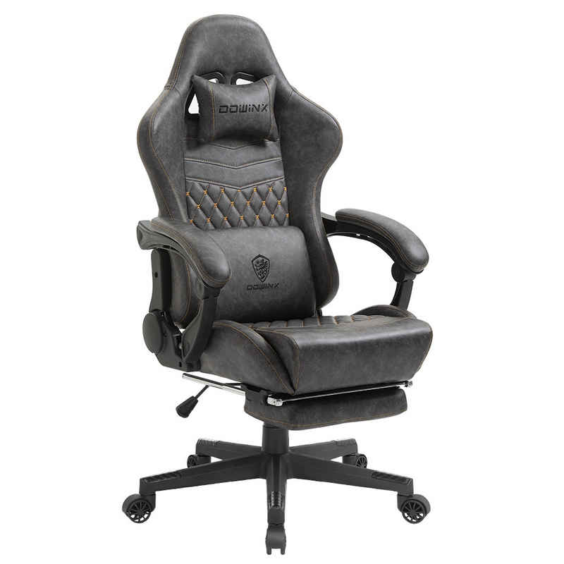 Dowinx Gaming-Stuhl Ergonomisches Design mit Massage Lendenwirbelstütze und Fußstütze, Rennsport-Stil PU-Leder hohen Rücken verstellbare Drehstuhl, Grau
