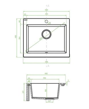 KOLMAN Küchenspüle Einzelbecken Komodo Granitspüle, Rechteckig, 49/58 cm, Grau, Space Saving Siphon GRATIS