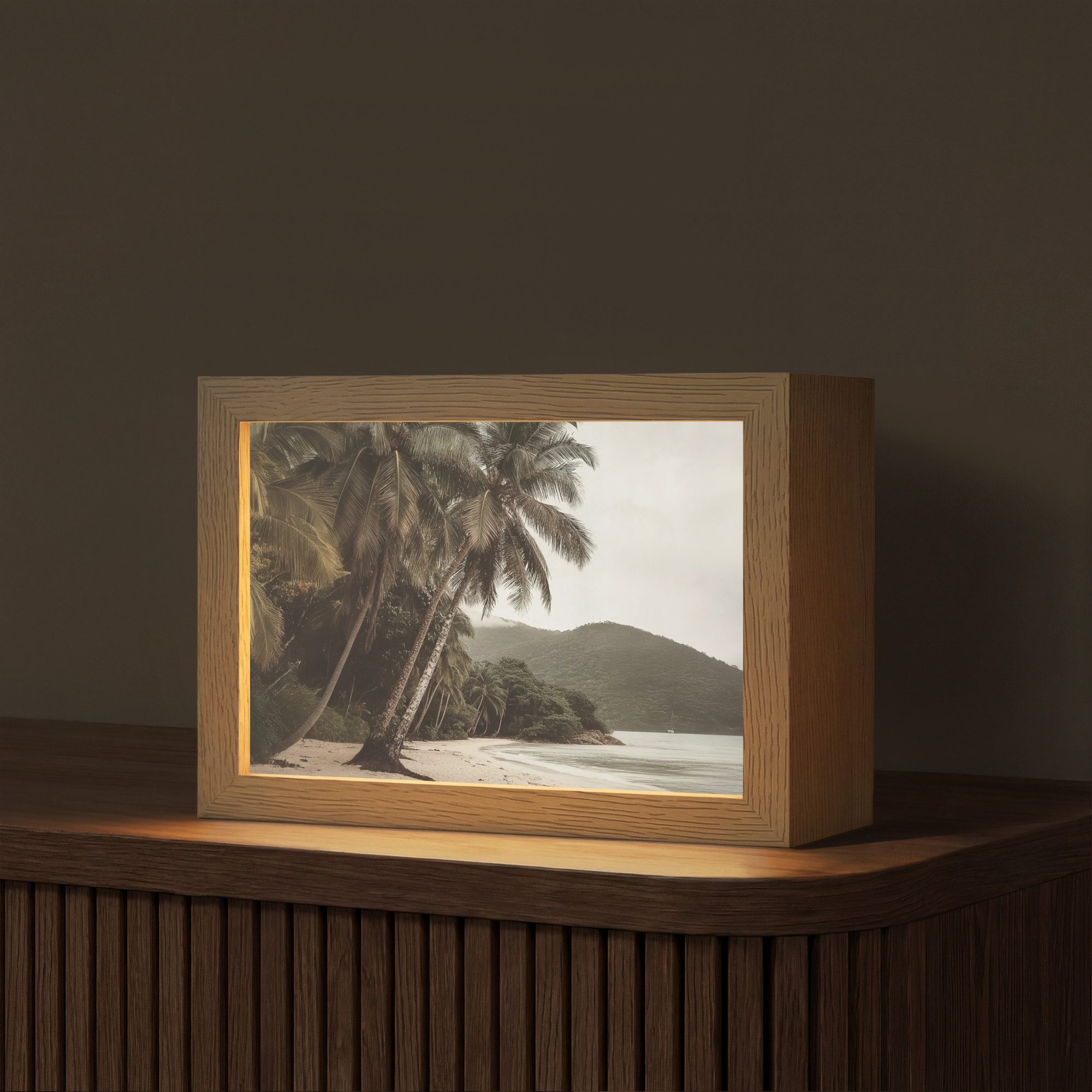 OnlyWow Tischleuchte Lightbox Insel - Palme - Meer, Dimmbar, Farbwechsel, LED, Warmweiß, Kaltweiß, Neutralweiß Einstellbar, Tischlampe, Schreibtischlampe, Desk, Dimmbar, mit Kabel, LED