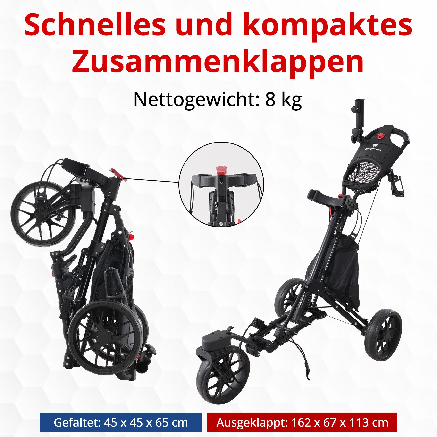 CITYSPORTS Golftrolley 3/4 Rad Golftrolley, Golfwagen klappbar, Golfcaddy mit Schirmhalter, Golfcaddy Golf Push Cart aus Aluminum, Erhältlich in Schwarz/Grün/Ro – Bild 5 von 5