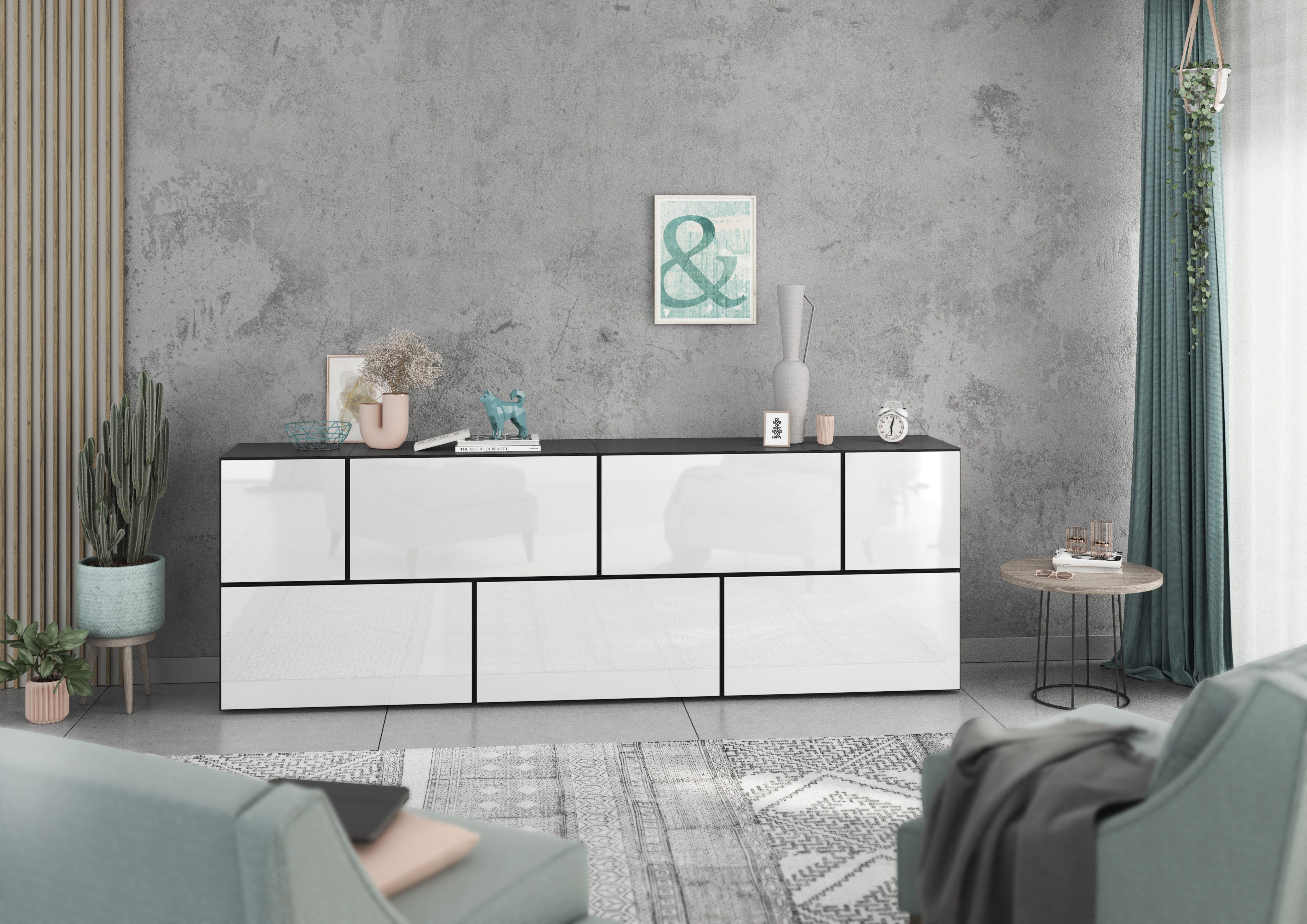 BMG Меблі Sideboard Modul+ (7-teilig, besteht aus 5x Schrank mit Klappe, 2x Schrank mit Tür), MDF Fronten tiefgezogen, Made in Germany