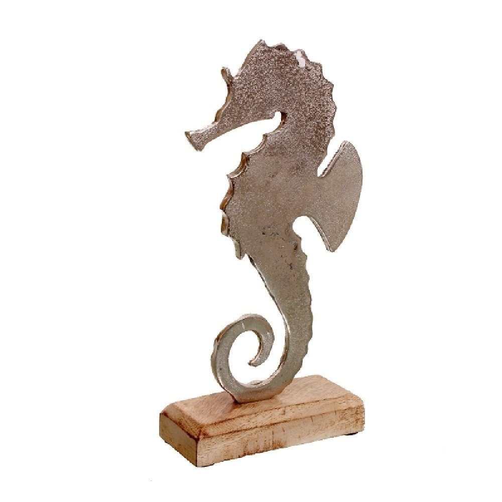 Linoows Dekoobjekt Seepferdchen maritime Deko Figur auf Mango Holz, Seepferdchen aus vernickeltem Aluminium