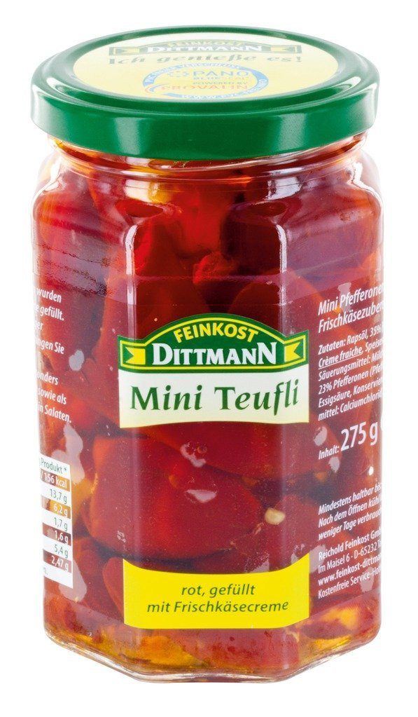 Feinkost Dittmann Gemüsekonserve, Feinkost Dittmann Mini Teufli Pfefferonen rot 5er Pack (5 x 275 g)