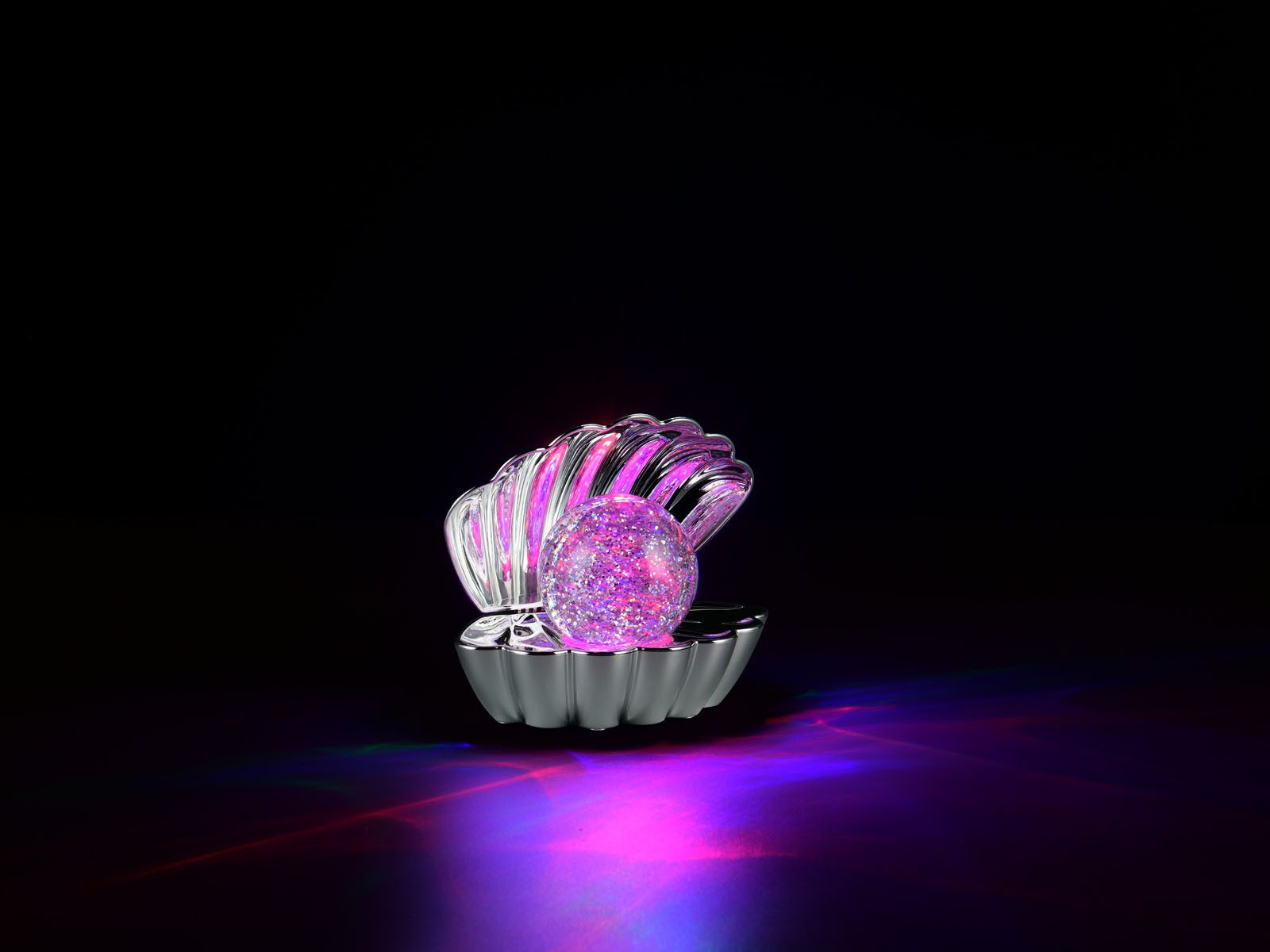 Reality Leuchten USB-Tischleuchte Muschel-Lampe RGB & Glitzerkugel, H 14cm, ausgefallene klein-e Tischlampe, Deko-Leuchte mit Batterie-Betrieb