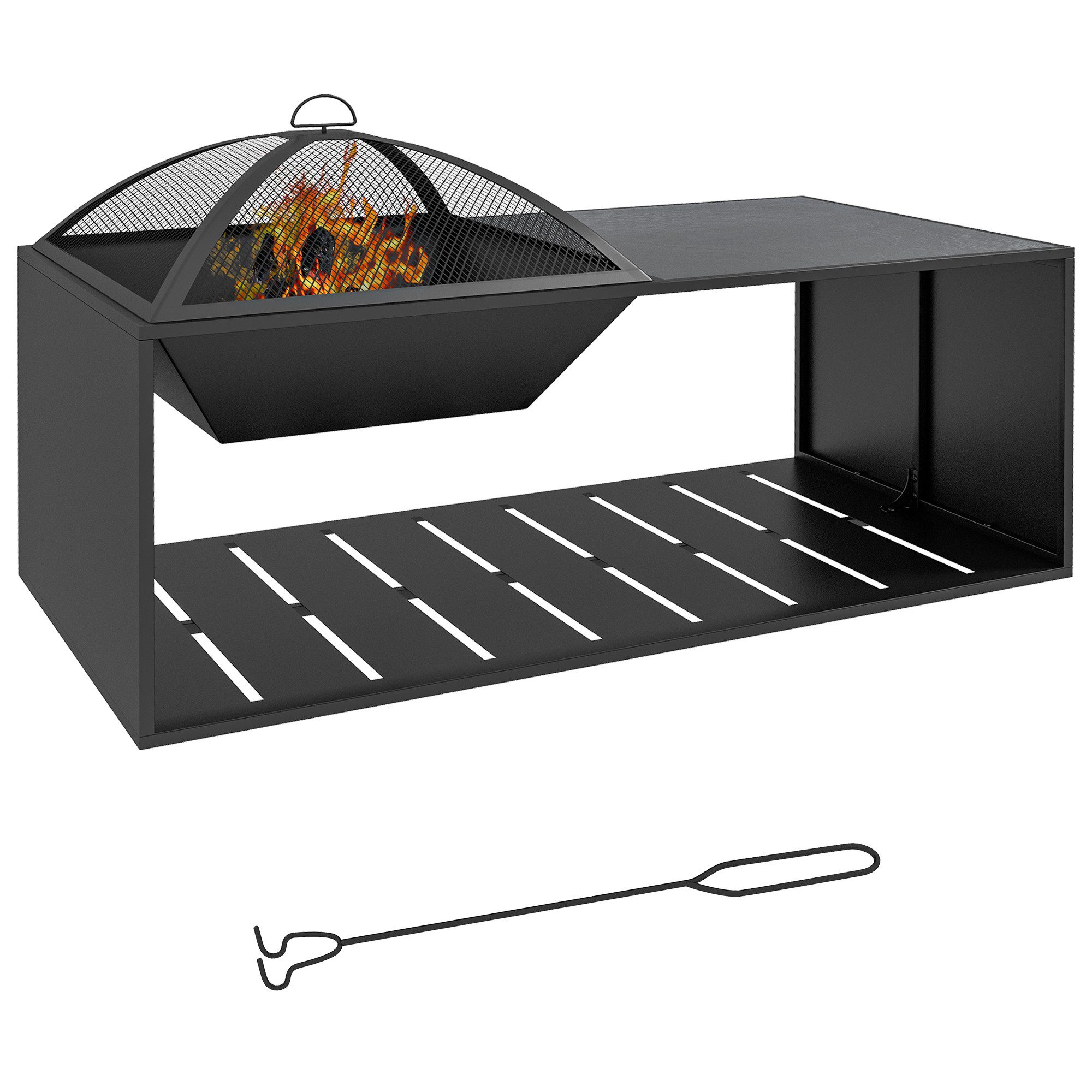 Outsunny Holzkohlegrill Feuerschale mit Schürhaken, Ablage, Funkengitter, Feuerkorb, Feuerstelle, für Garten, Terrasse, Metall, Schwarz