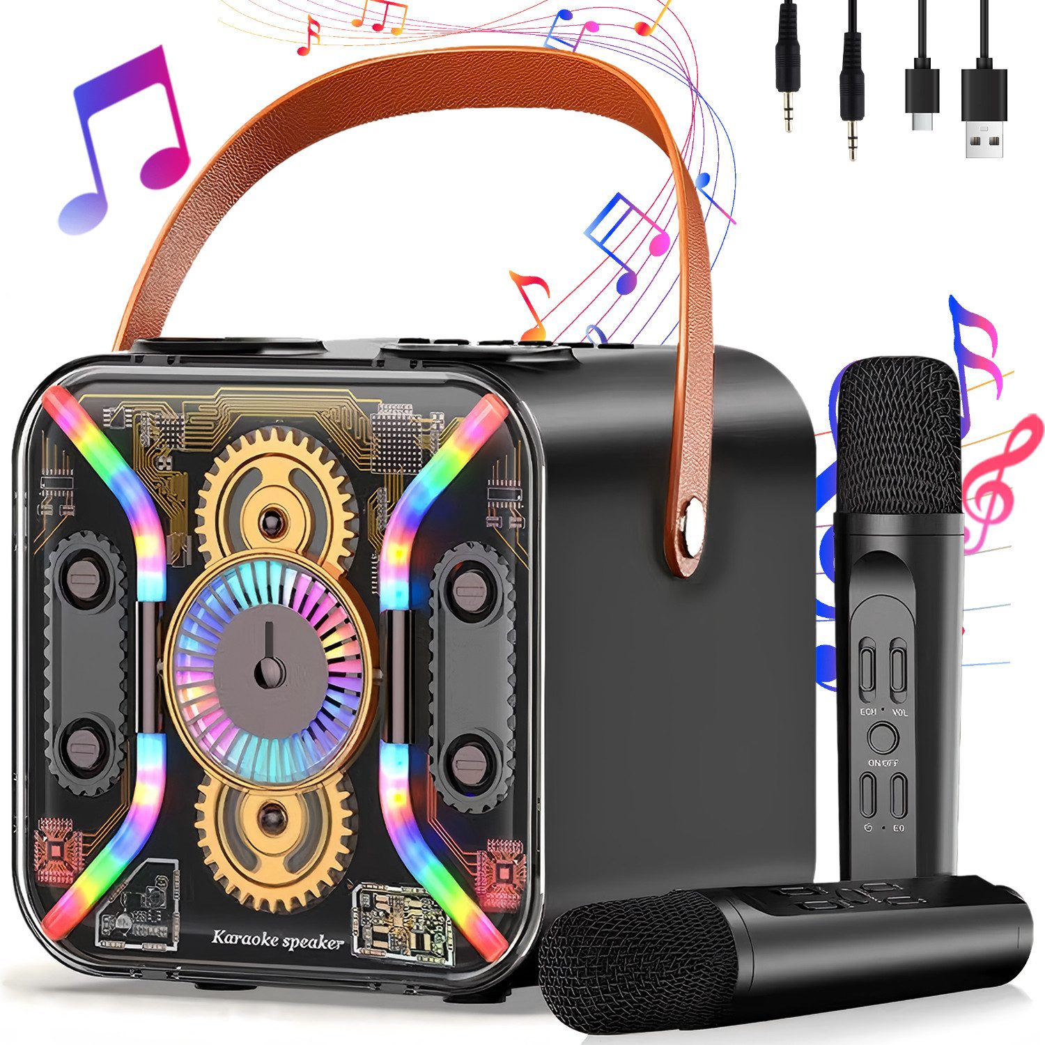 MOPUEA Karaoke-Maschine mit 2 kabellosen Mikrofonen Party-Lautsprecher Bluetooth-Lautsprecher 2 (Bluetooth, Radio, USB, AUX IN, Micro SD Kartenslot, Party-Lautsprecher, Karaoke-All-in-One-Maschine, mit Lichteffekten)