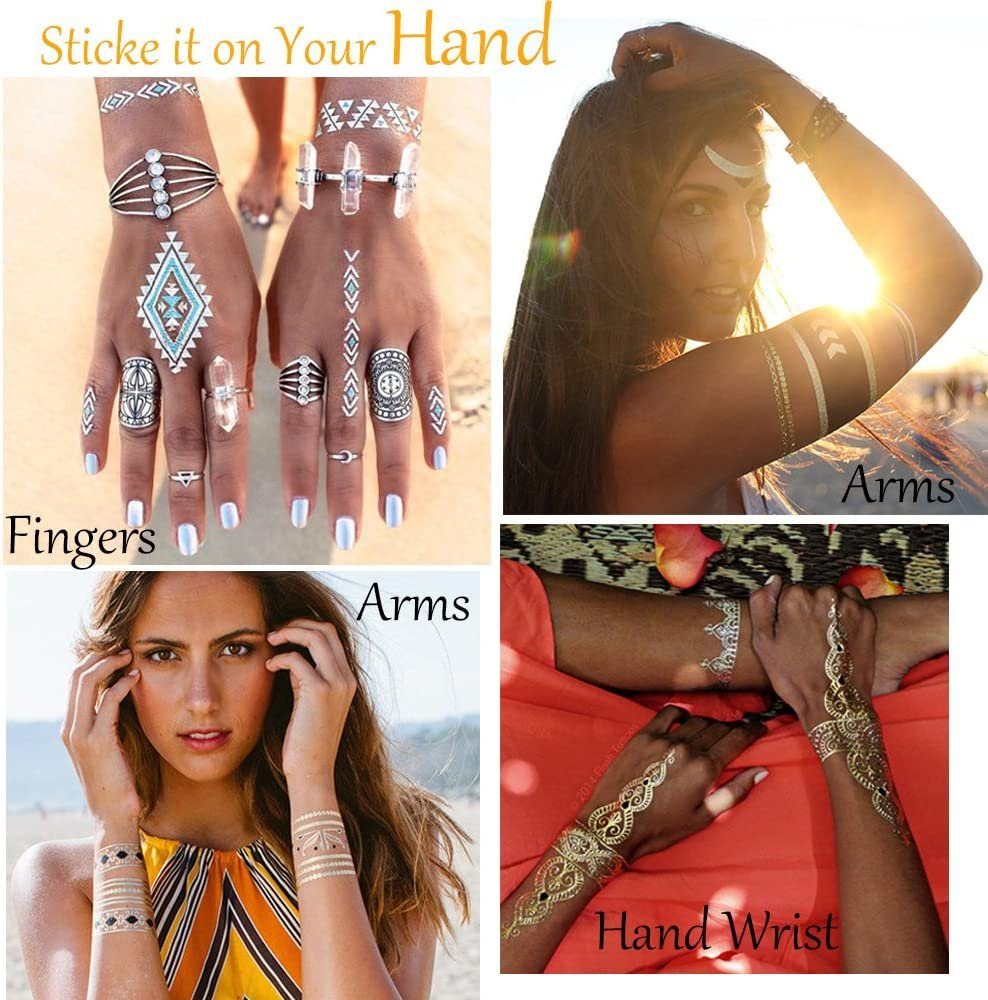 COOL-i ® Schmuck-Tattoo, 16er Set Metallic Flash Tattoos - Gold, Silber, Schwarz, Wasserdicht