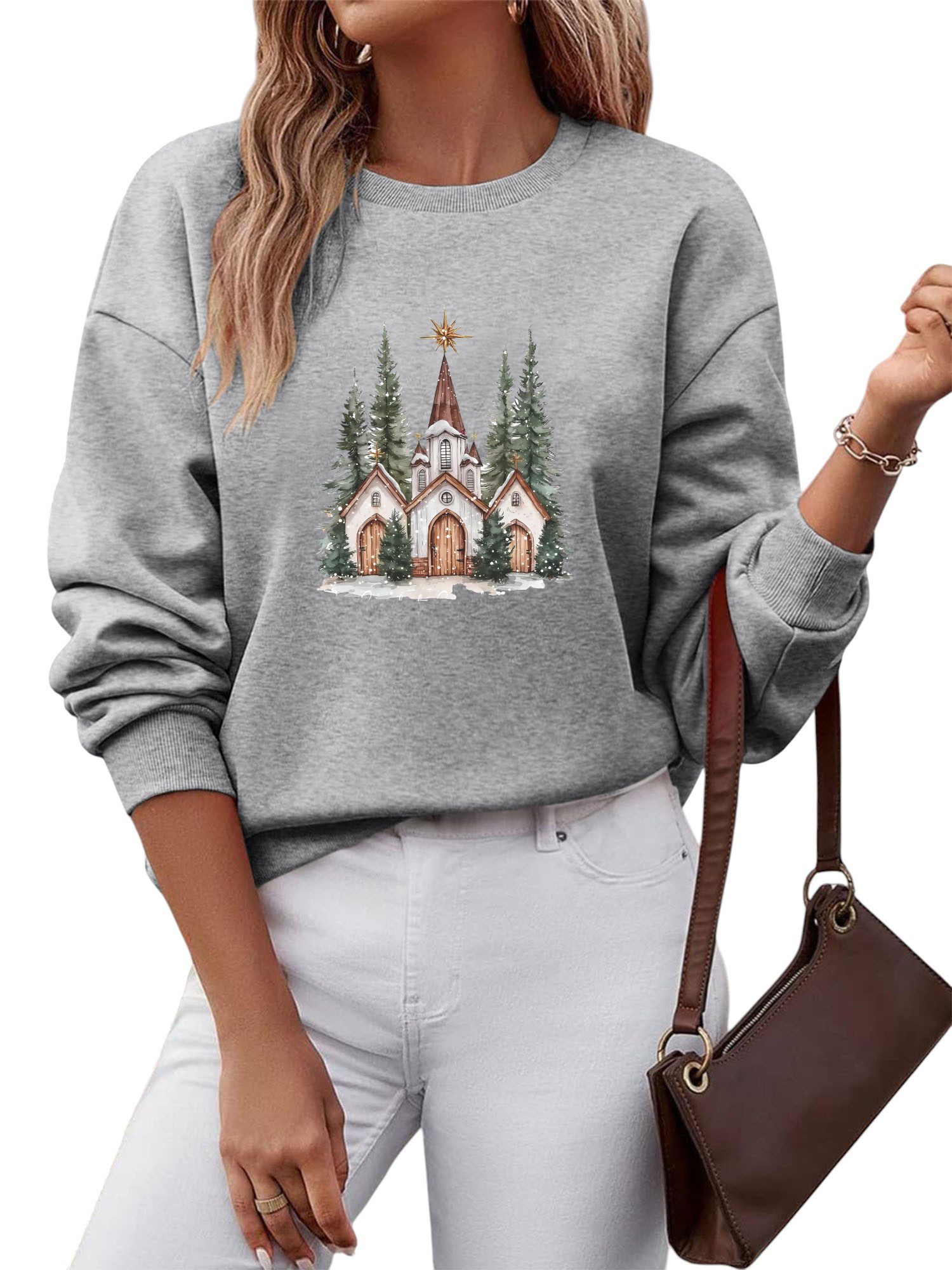 PYLIKE Sweatshirt Damen Rundhalsausschnitt Oversized Sweatshirt mit Kirche Print Besondere Weihnachts-Outfits