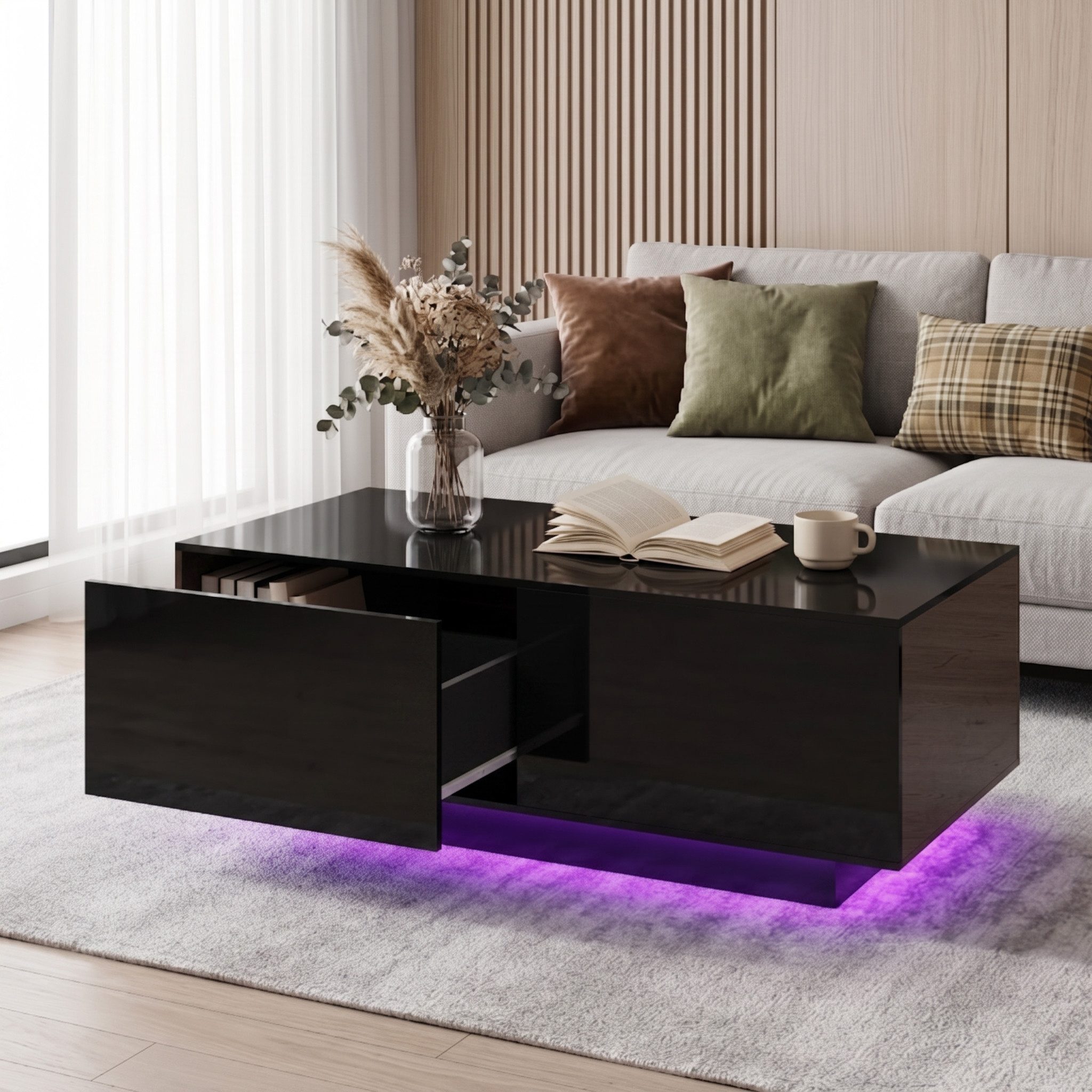 Hyaapwod Couchtisch Hochglanz-Couchtisch mit Schublade und offenem Fach (1-St), mit LED-Beleuchtung, Schwarz