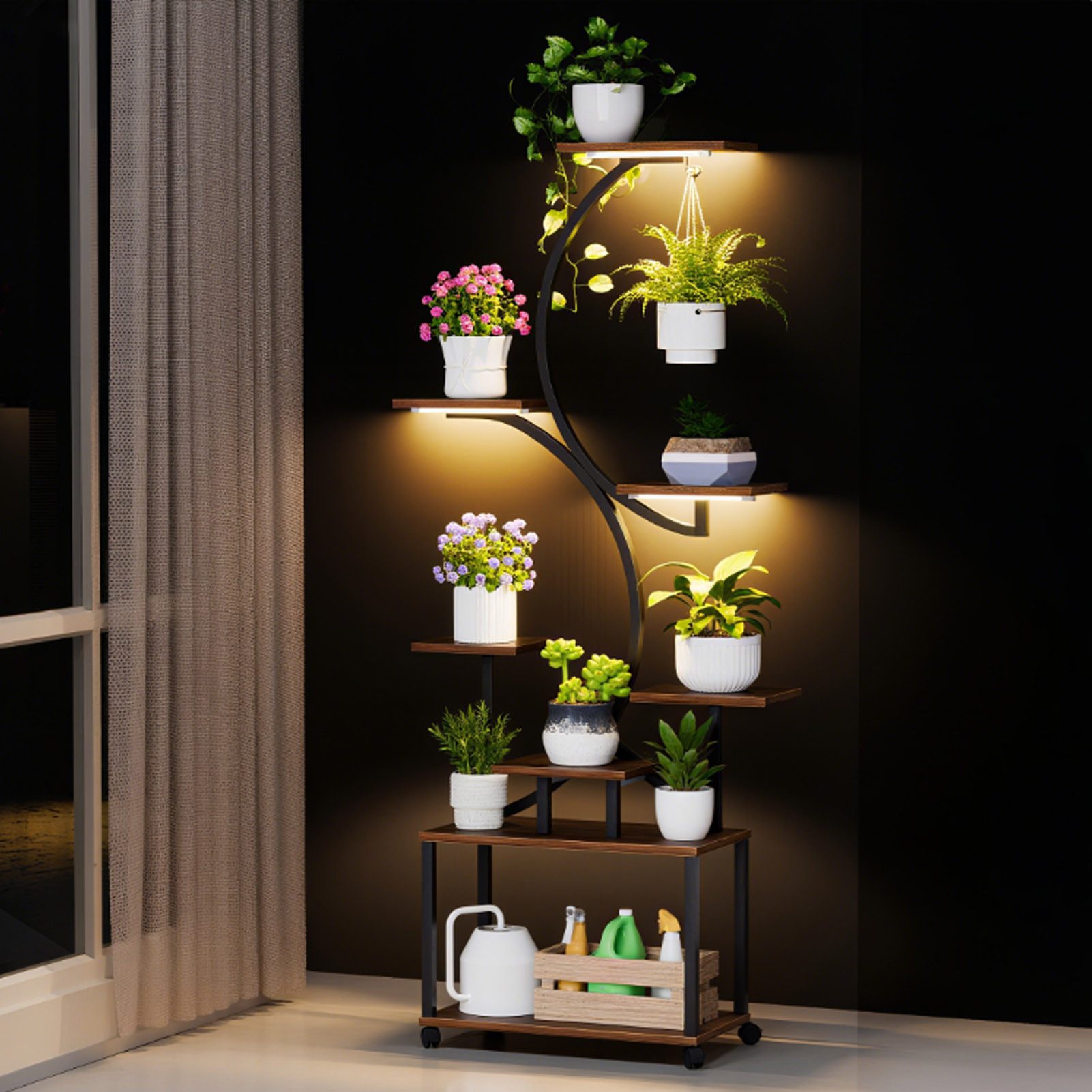 Rutaqian Blumenständer Pflanzenständer für Innenbereich,8 Etagen Blumentreppe mit 4 Rollen (1 St), Metall Baumförmig Pflanzenregal mit 3 Pflanzenlampen für Garten,Balkon