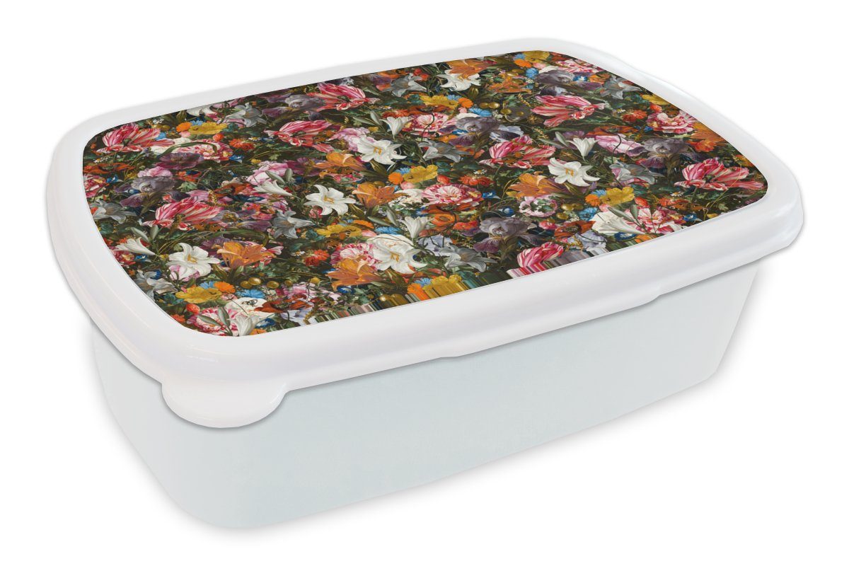 MuchoWow Lunchbox Blumen - Schmetterling - Design - Kunst - Abstrakt - Malerei - Alte, Kunststoff, (2-tlg), Brotbox für Kinder und Erwachsene, Brotdose, für Jungs und Mädchen weiß