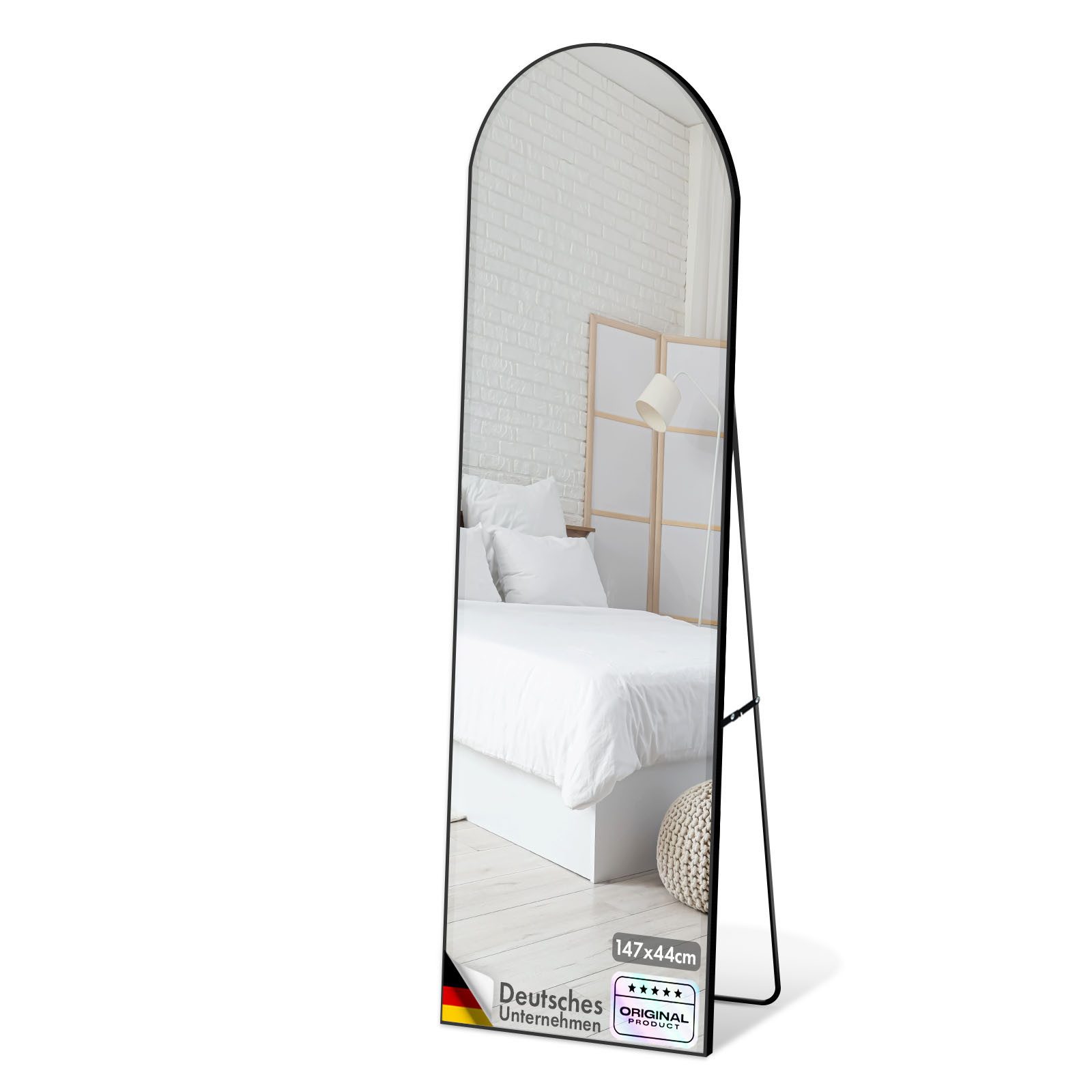 Floordirekt Зеркало в полный рост Madison mit Bruchsicherem Glas, Freistehend oder Wandmontage (mit Aluminiumrahmen), Anti-Glassplitter-Sicherheitsfolie, mit Standfuß & Bogen, ohne Montage