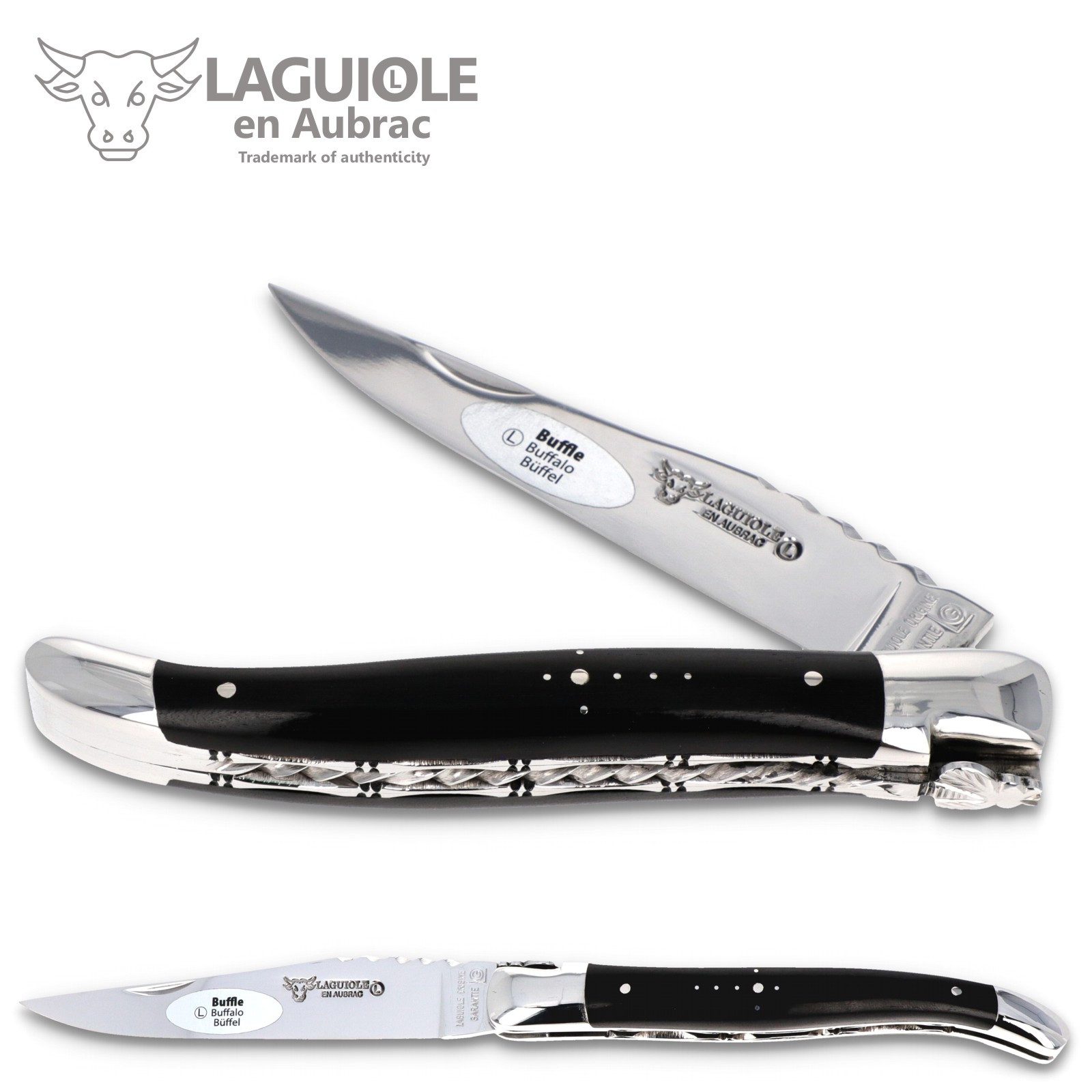 Laguiole en Aubrac Taschenmesser L0712BUIZ, Griff 12cm Büffelhorn - Spiralfeder - Doppelplatine - Stahl glänzend