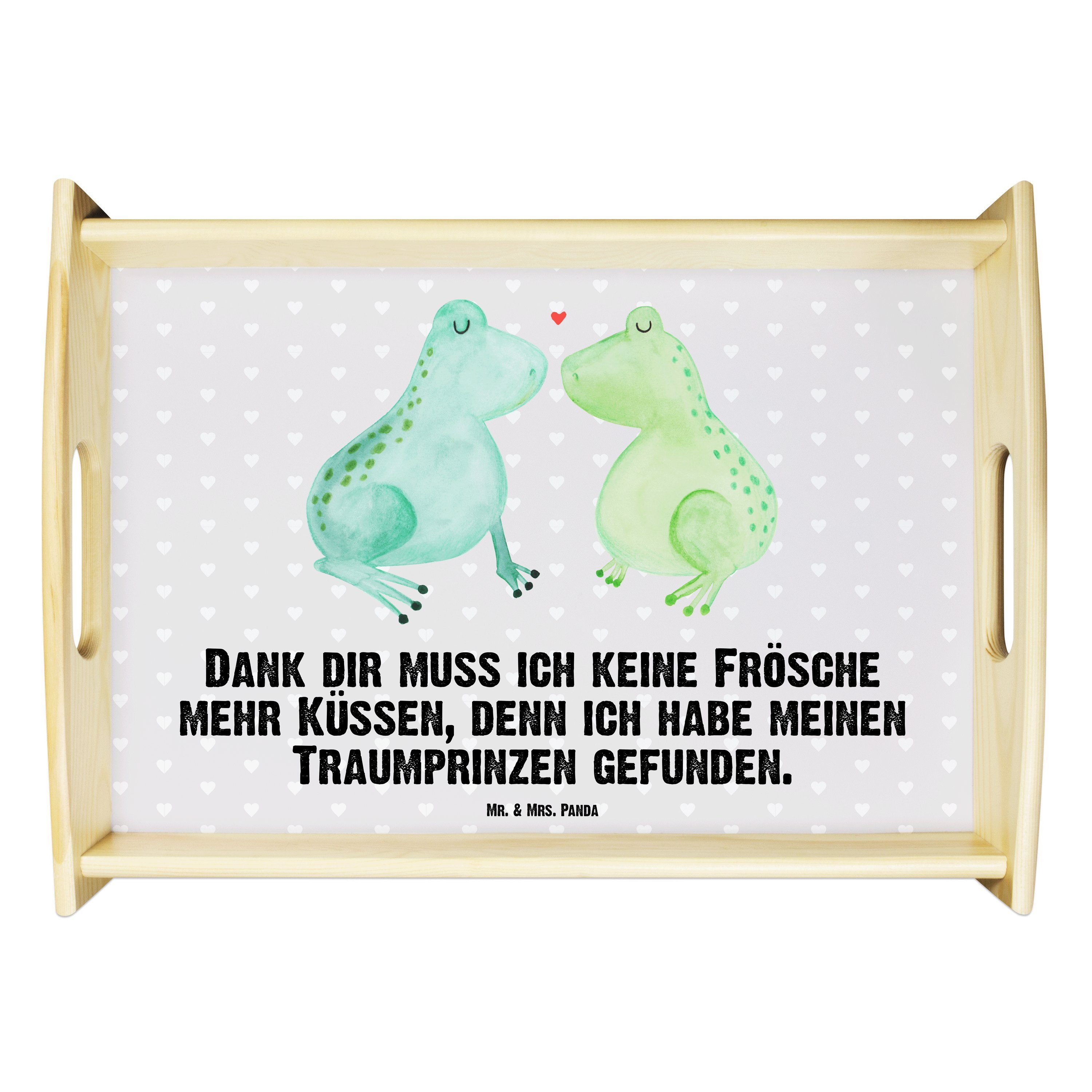 Mr. & Mrs. Panda Tablett Frosch Liebe - Grau Pastell - Geschenk, Kuss, Heiratsantrag, Tablett, Echtholz lasiert, (1-tlg)