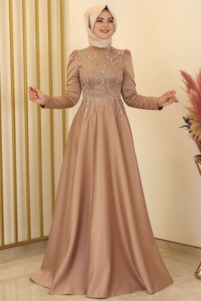 Modavitrini Satinkleid Damen Abendkleid Maxikleid Abiye Abaya mit Schmucksteinen Schmucksteine Beige