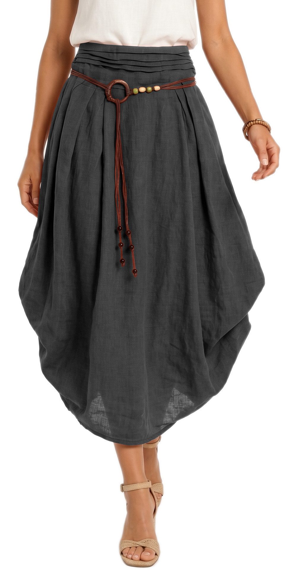 dy_mode Ballonrock Damen Leinenrock Midi Ballonrock Sommerrock Midirock in Unifarbe, mit Teil-Gummibund, Variabler 2-in-1 Look