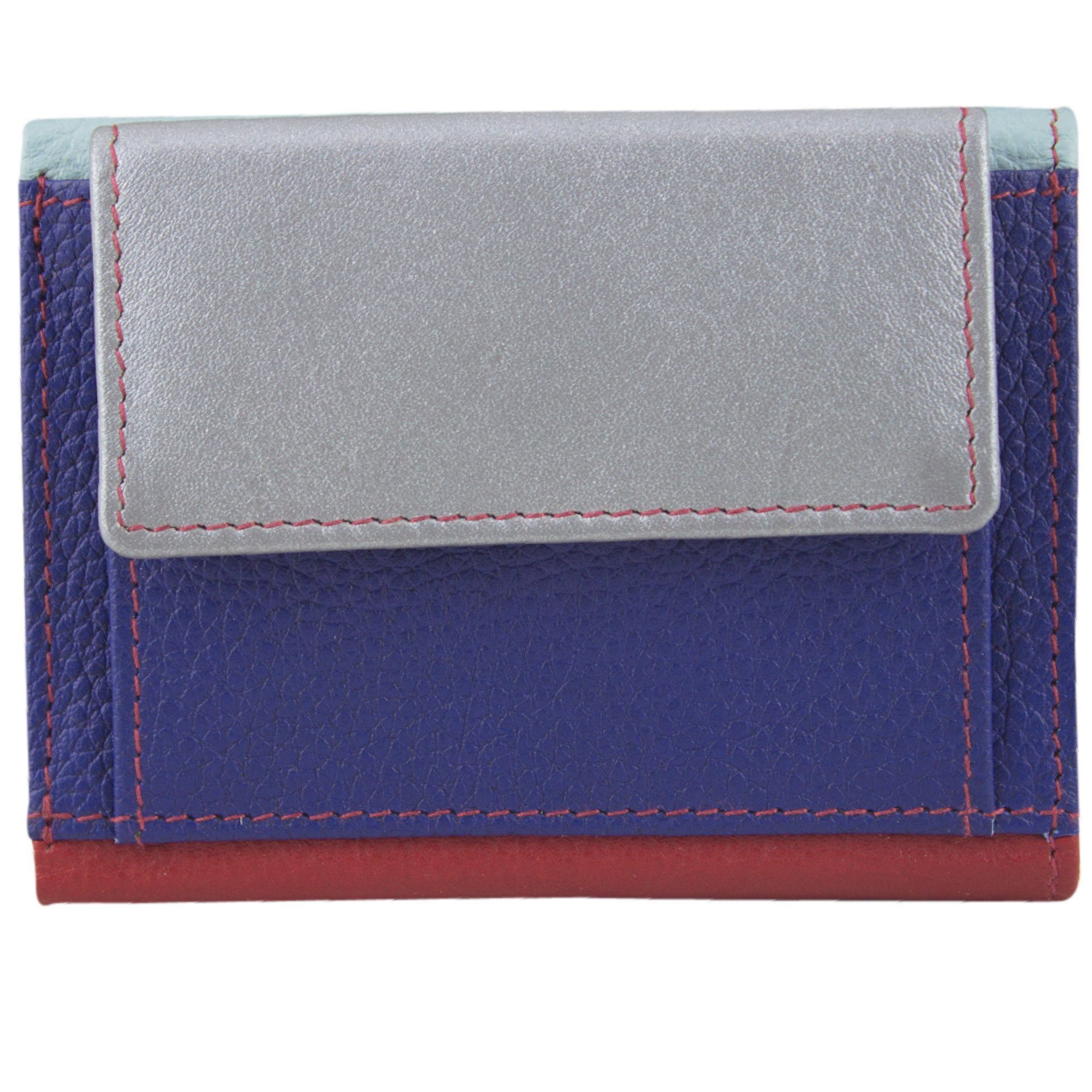 Sunsa Mini Geldbörse Mini klein Leder Geldbörse Geldbeutel Portemonnaie Brieftasche, echt Leder, aus recycelten Lederresten, mit RFID-Schutz, Unisex blau/silber/rot