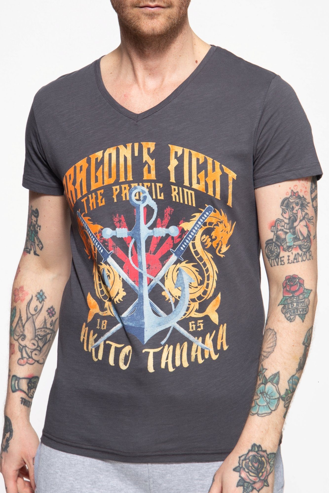 starkem Frontprint Tanaka Anchor mit Dragon T-Shirt anthrazit Akito