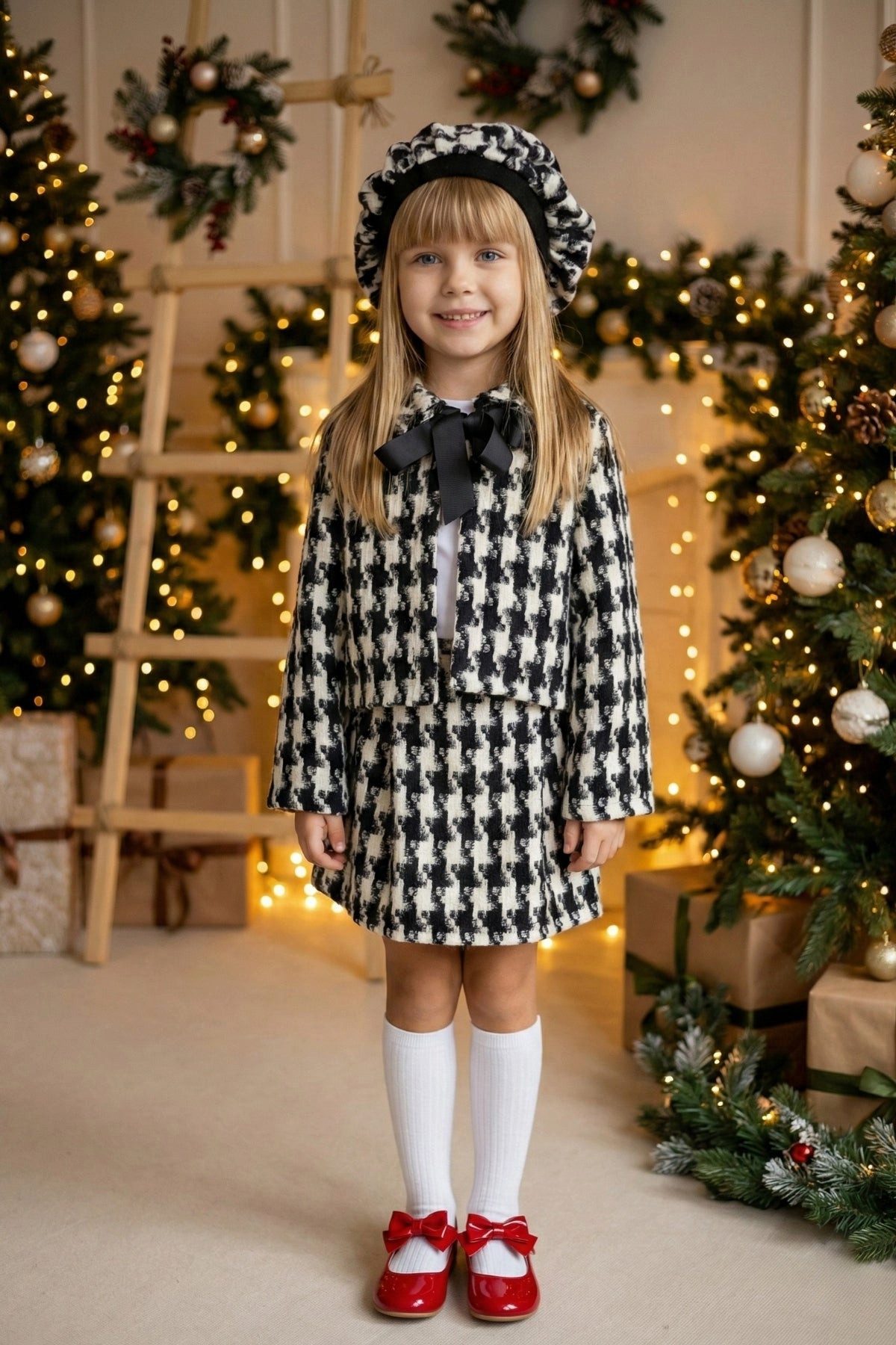 Parla Kids Shirt & Rock Blazer, Kleid und Mütze in schwarz - weiß Hahnentritt-Muster